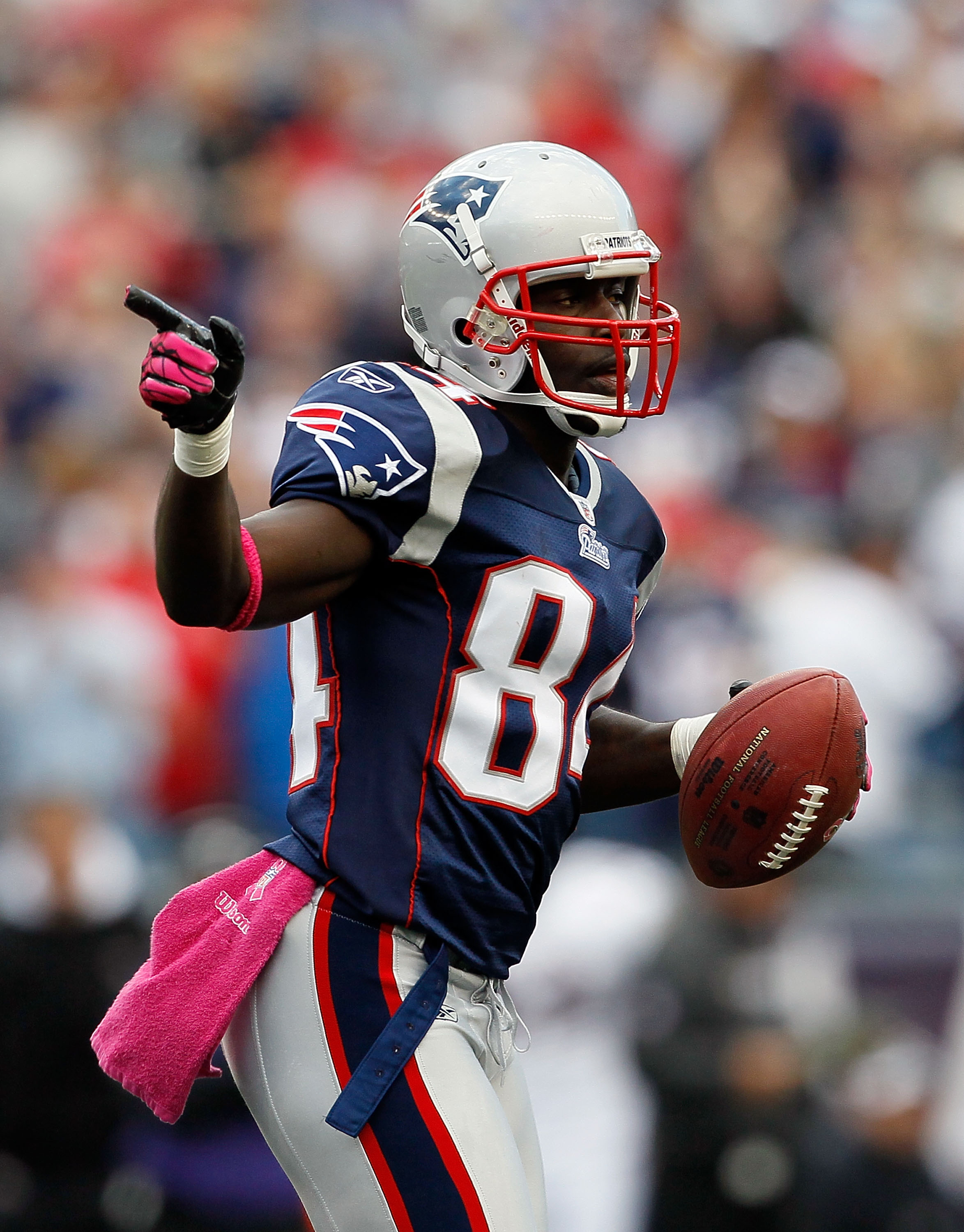 FOXBORO, MA - OCTOBER 17:  Deion Branch #84 of the New England Patriots reacts after he caught a touchdown pass in the second half against the Baltimore Ravens at Gillette Stadium on October 17, 2010 in Foxboro, Massachusetts. The Patriot won 23-20 in ove