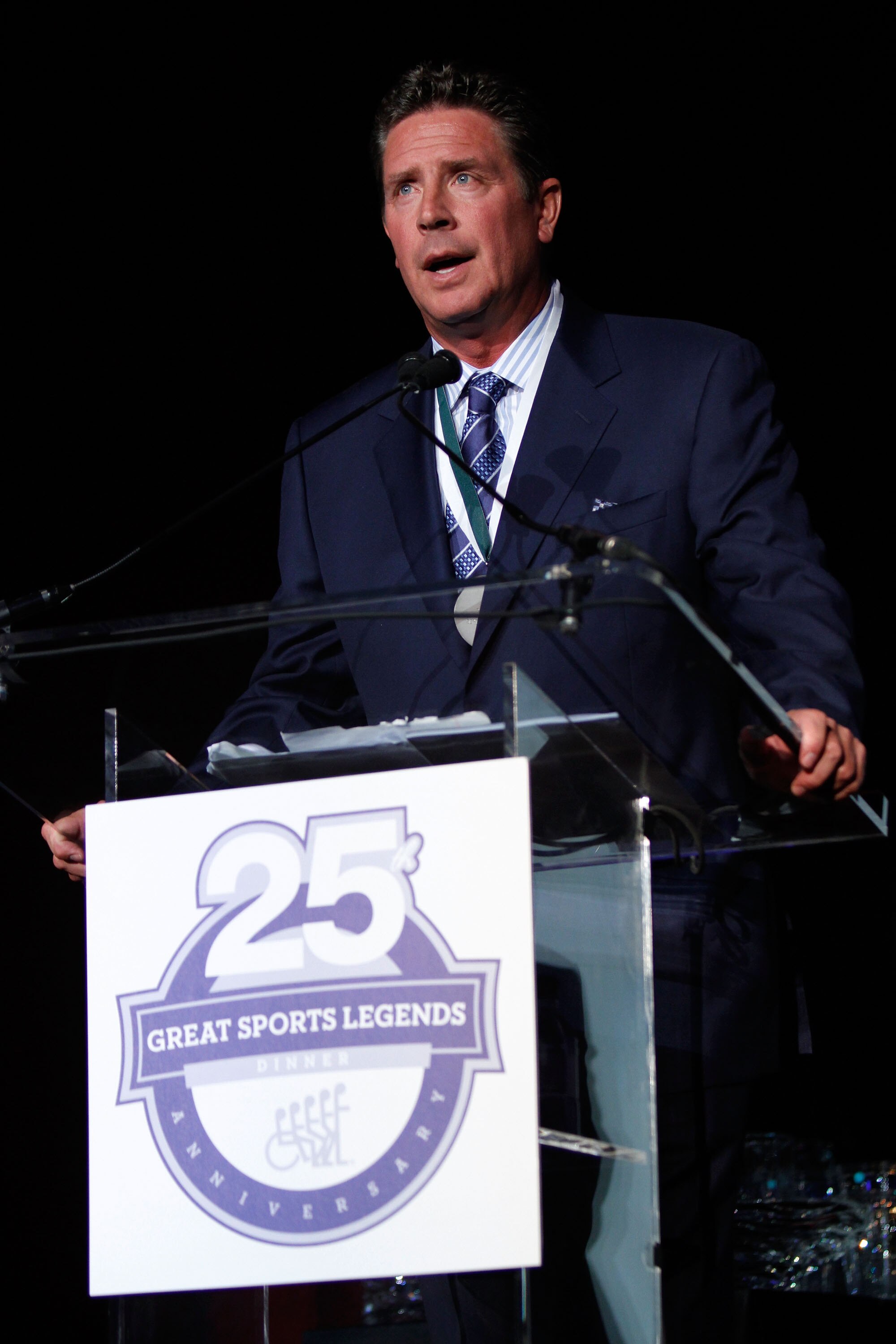 NEW YORK - SEPTEMBER 27:  Former NFL player and 2010 honoree Dan Marino speaks during the 25th Great Sports Legends Dinner to benefit The Buoniconti Fund to Cure Paralysis at The Waldorf=Astoria on September 27, 2010 in New York City.  (Photo by Thos Robi