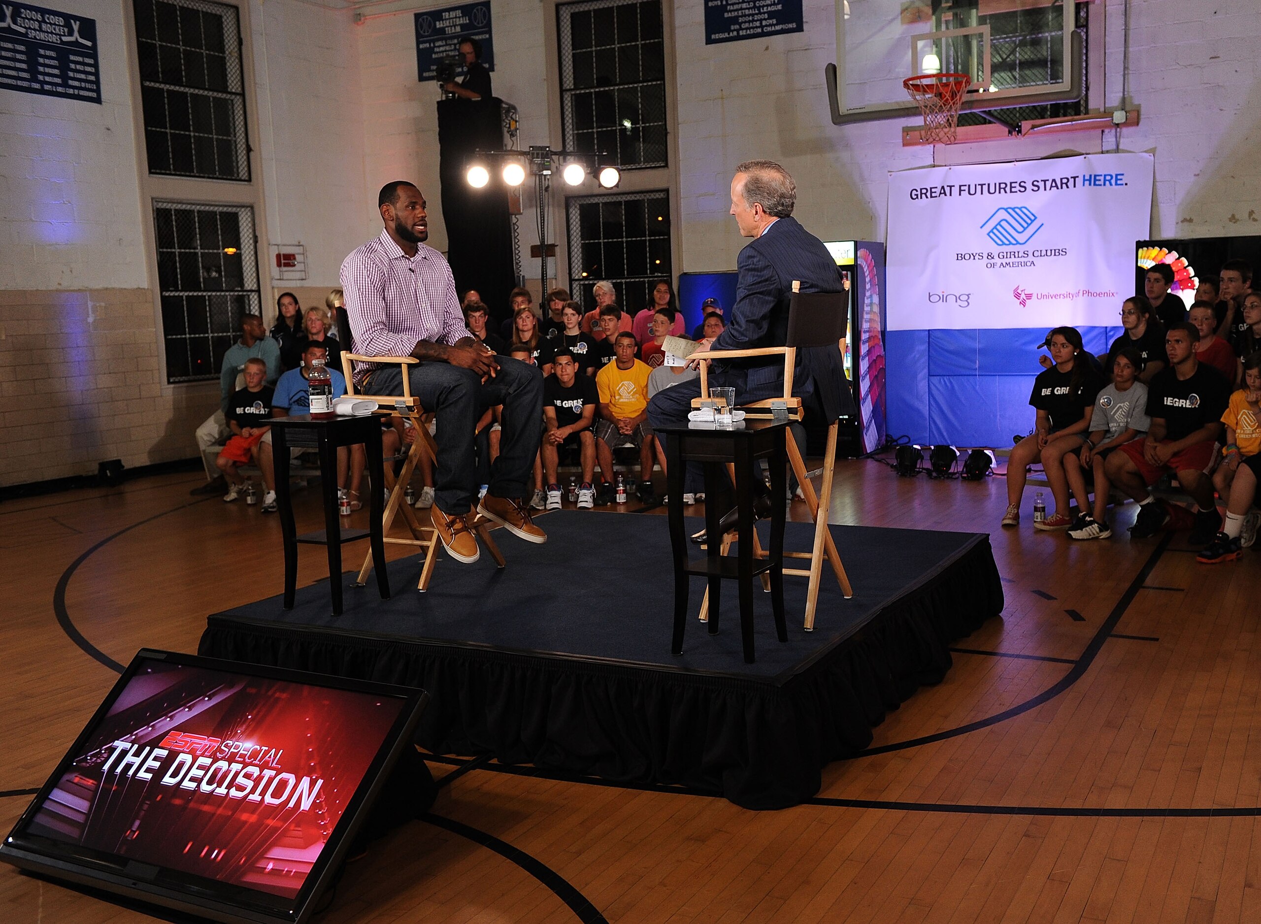 GREENWICH, CT - JULY 08:  LeBron James and ESPN's Jim Gray speak at the LeBron James announcement of his future NBA plans at the  Boys & Girls Club of America on July 8, 2010 in Greenwich, Connecticut. James announced during a live broadcast on ESPN that 