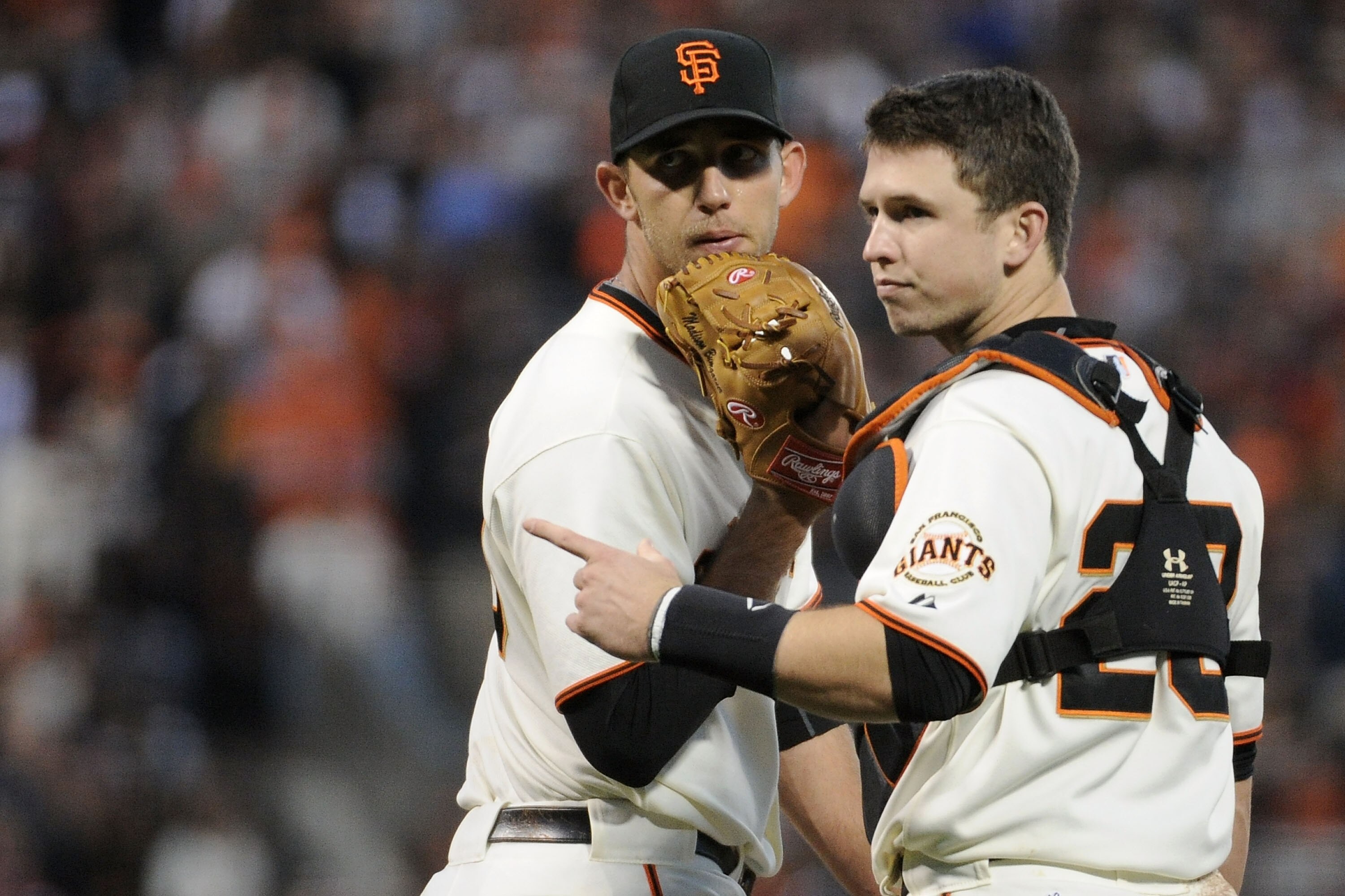 SAN FRANCISCO - OCTOBER 20: Madison Bumgarner #40 of the San Francisco Giants talks with Buster Posey #28 in the fifth inning against the Philadelphia Phillies in Game Four of the NLCS during the 2010 MLB Playoffs at AT&T Park on October 20, 2010 in San SAN FRANCISCO - OCTOBER 20: Madison Bumgarner #40 of the San Francisco Giants talks with Buster Posey #28 in the fifth inning against the Philadelphia Phillies in Game Four of the NLCS during the 2010 MLB Playoffs at AT&T Park on October 20, 2010 in San