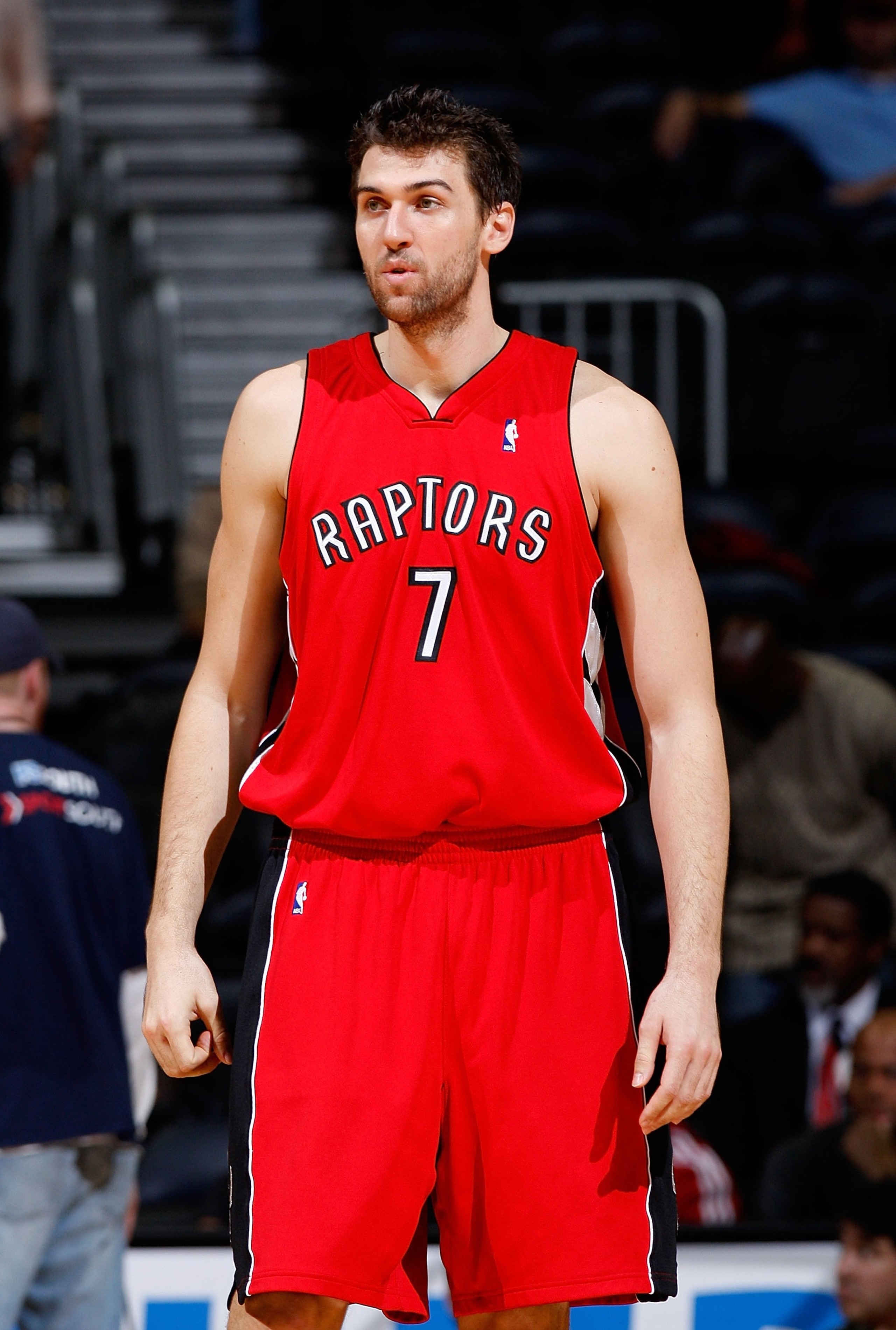 ATLANTA - DECEMBER 02:  Andrea Bargnani #7 of the Toronto Raptors against the Atlanta Hawks at Philips Arena on December 2, 2009 in Atlanta, Georgia.  NOTE TO USER: User expressly acknowledges and agrees that, by downloading and/or using this Photograph,