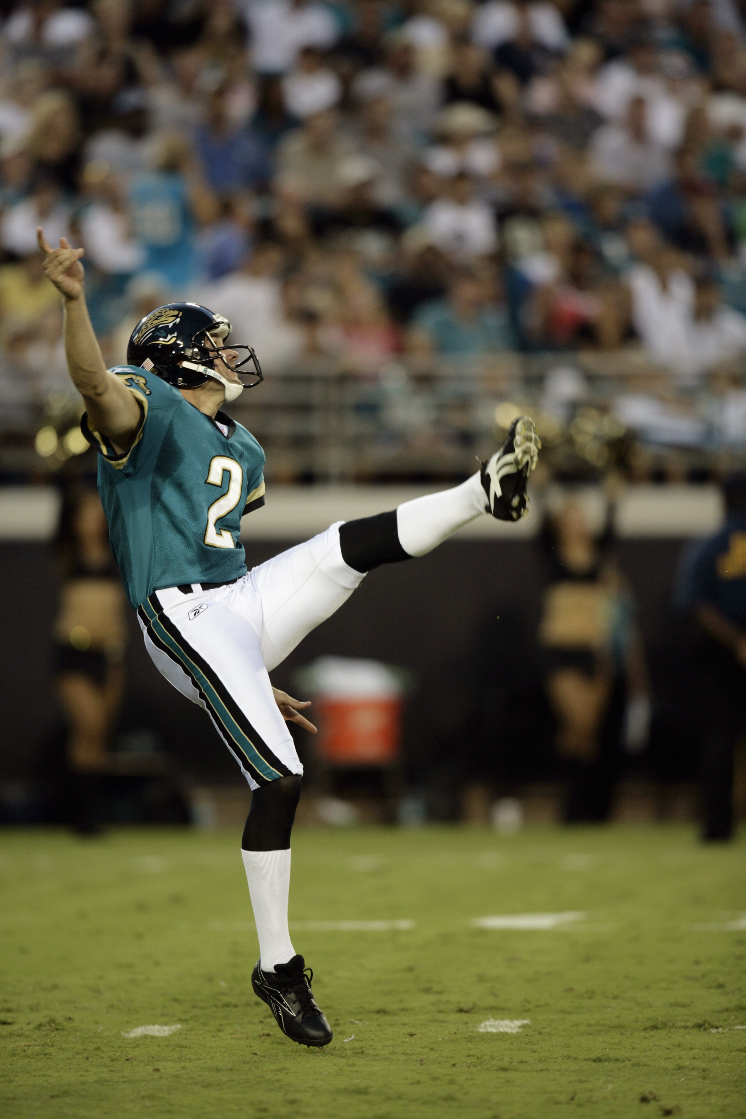 JACKSONVILLE, FL - AUGUST 19:  Punter Chris Hanson #2 of the Jacksonville Jaguars kicks against the Carolina Panthers during the NFL game on August 19, 2006 at Alltel Stadium in Jacksonville, Florida.  The Panthers defeated the Jaguars 17 - 10.  (Photo by