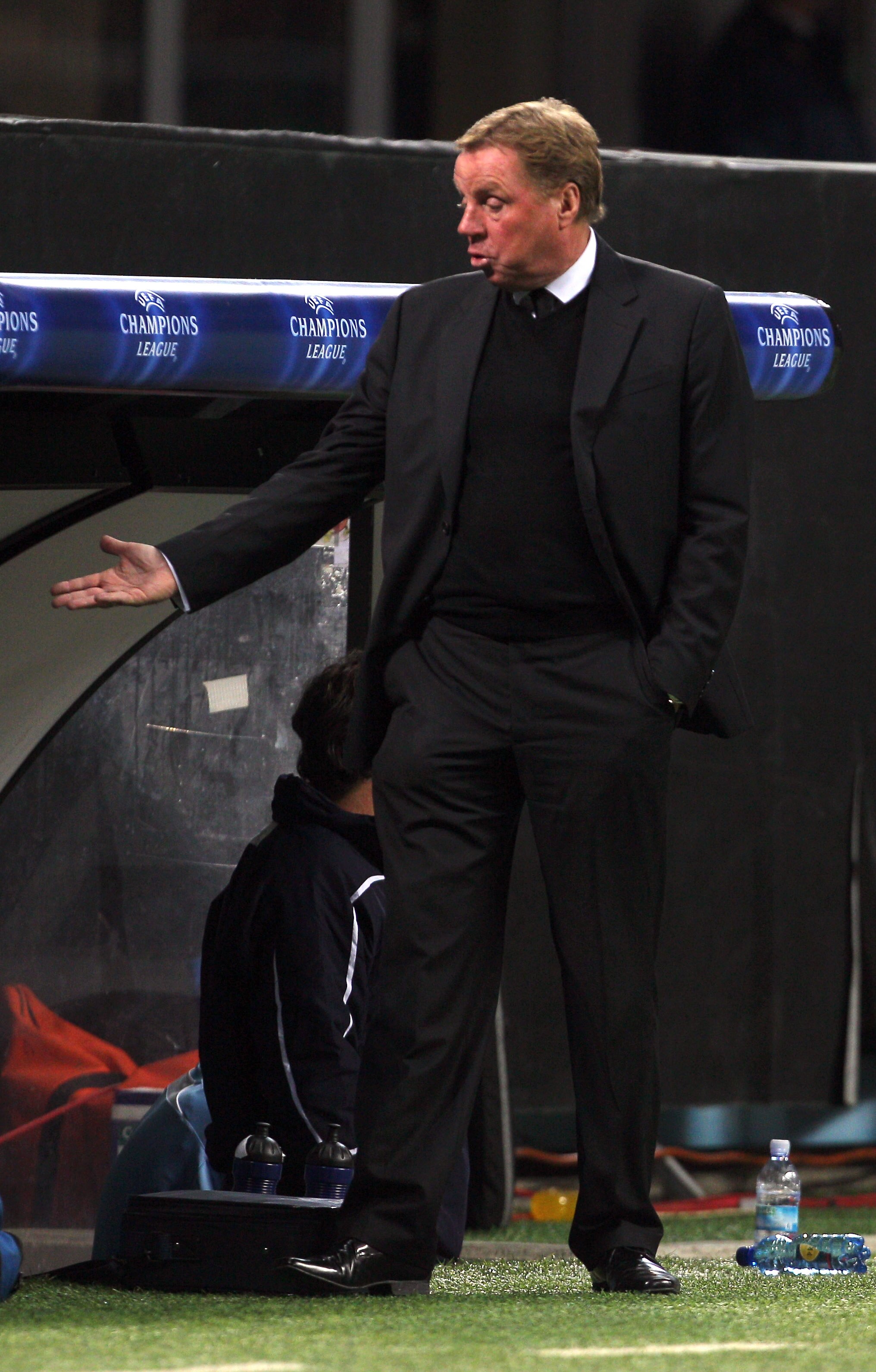 MILAN, ITALY - OCTOBER 20:  Harry Redknapp of Tottenham Hotspur reacts during the UEFA Champions League Group A match between FC Internazionale Milano and Tottenham Hotspur at the Stadio Giuseppe Meazza on October 20, 2010 in Milan, Italy.  (Photo by Cliv