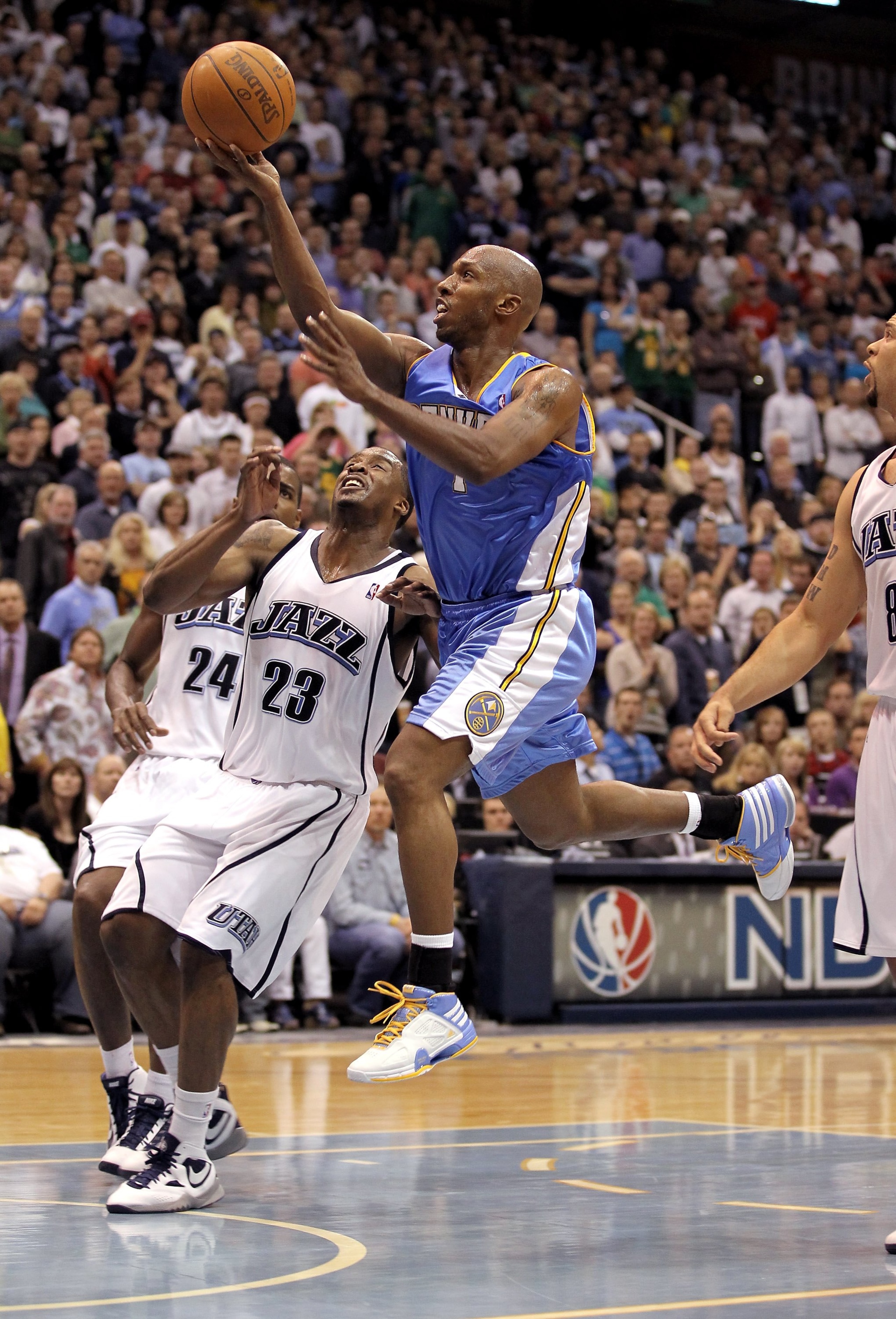 SALT LAKE CITY - APRIL 30:  Chauncey Billups #1 of the Denver Nuggets drives to the basket during their game against the Utah Jazz in Game Six of the Western Conference Quarterfinals of the 2010 NBA Playoffs at EnergySolutions Arena on April 30, 2010 in S