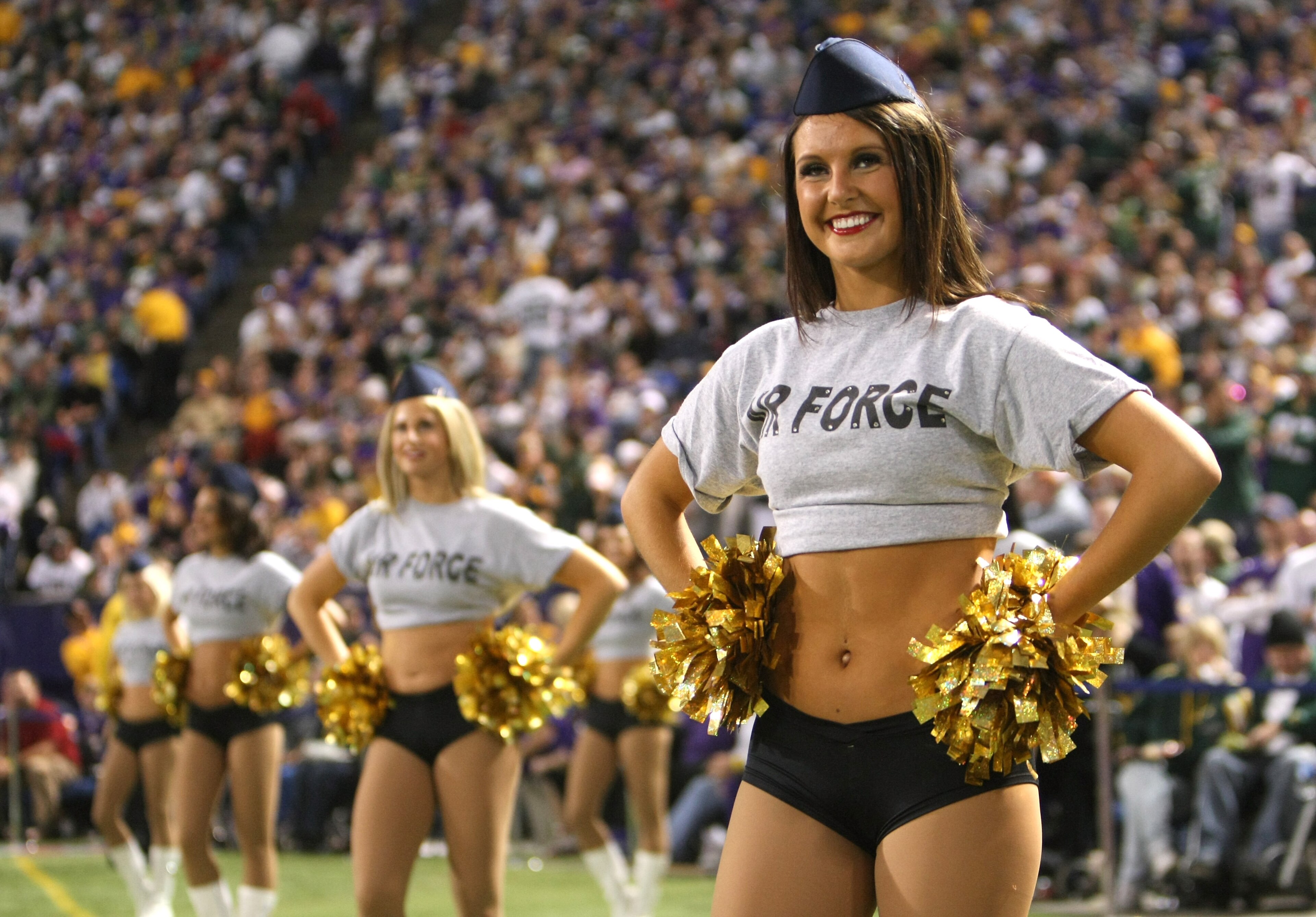 MINNEAPOLIS - NOVEMBER 09:   Minnesota Vikings cheerleaders wear Air Force outfits as part of an Armed Forces appreciation day at the game with the Green Bay Packers on November 9, 2008 at the Metrodome in Mineapolis, Minnesota.  (Photo by Stephen Dunn/Ge