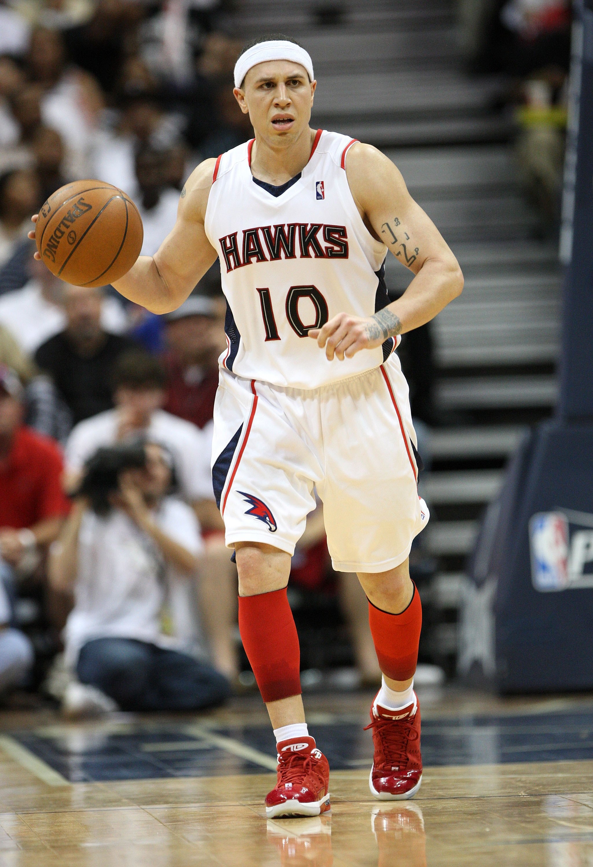 ATLANTA - MAY 2:  Guard Mike Bibby #10 of the Atlanta Hawks dribbles the ball during Game Seven of the Eastern Conference Quarterfinals between the Milwaukee Bucks and the Atlanta Hawks during the 2010 NBA Playoffs at Philips Arena on May 2, 2010 in Atlan