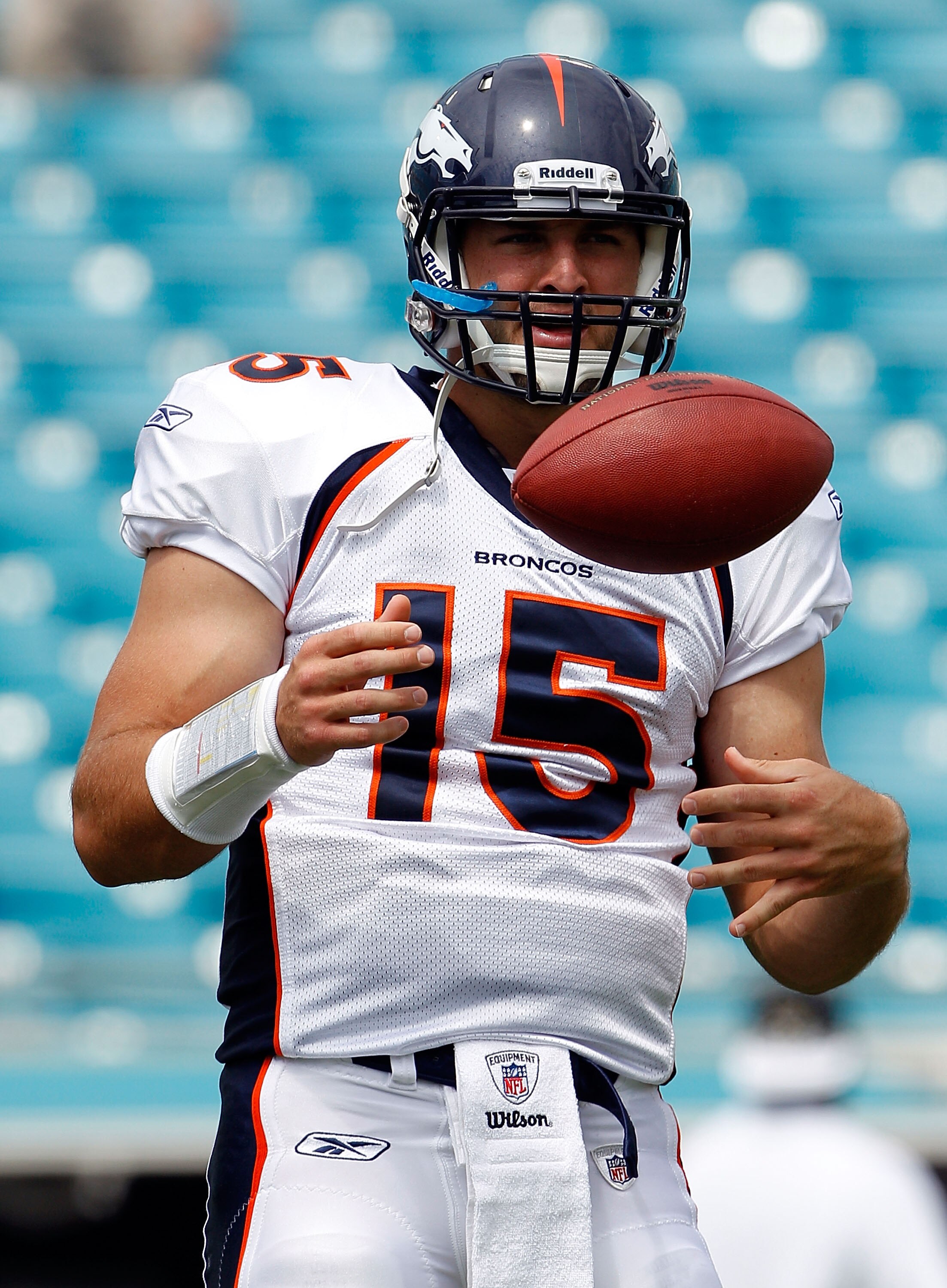 JACKSONVILLE, FL - SEPTEMBER 12:  Quarterback Tim Tebow #15 of the Denver Broncos practices prior to the NFL season opener game against the Jacksonville Jaguars at EverBank Field on September 12, 2010 in Jacksonville, Florida.  (Photo by Sam Greenwood/Get