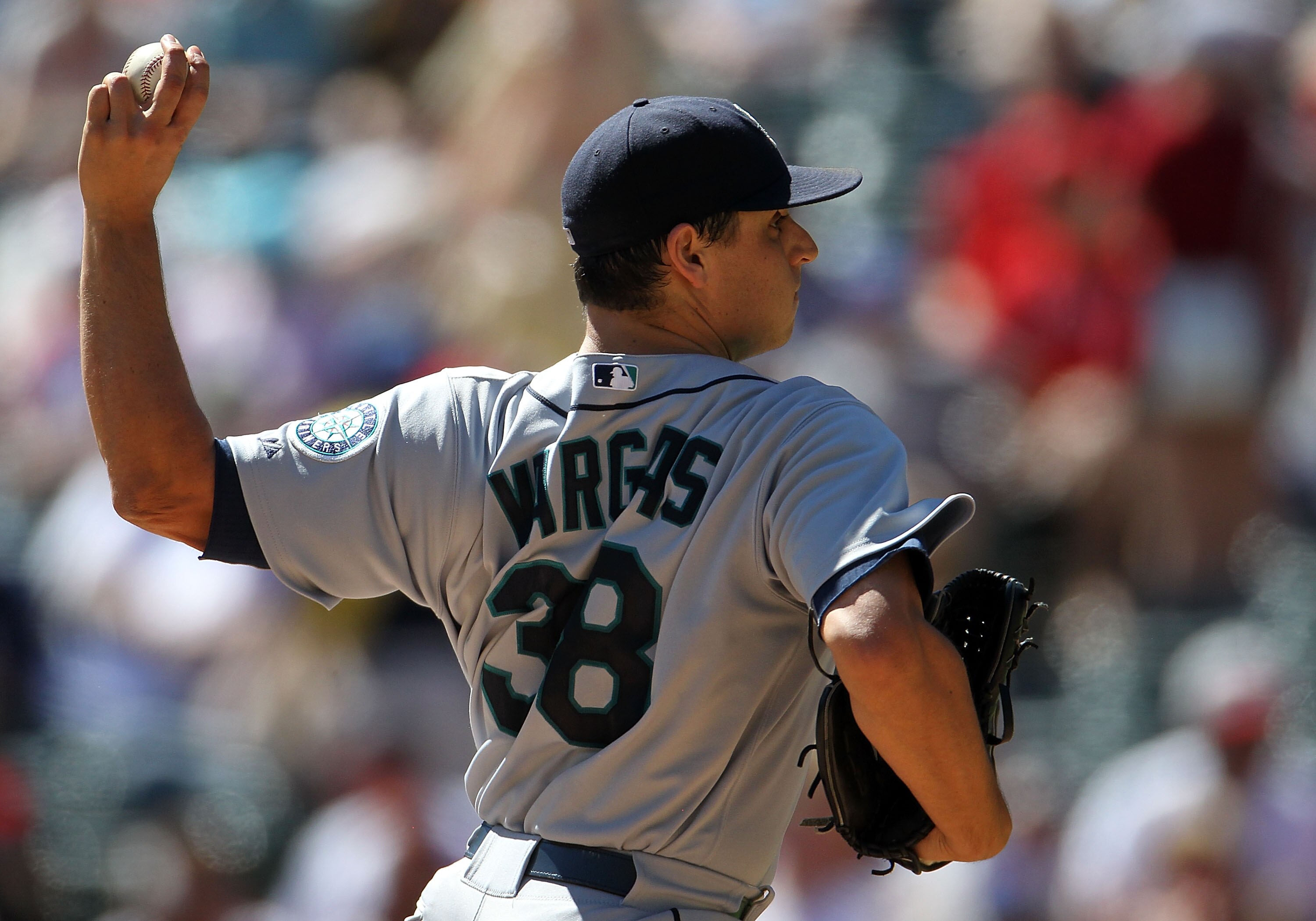 ARLINGTON, TX - SEPTEMBER 29:  Pitcher Jason Vargas #38 of the Seattle Mariners throws against the Texas Rangers at Rangers Ballpark in Arlington on September 29, 2010 in Arlington, Texas.  (Photo by Ronald Martinez/Getty Images)