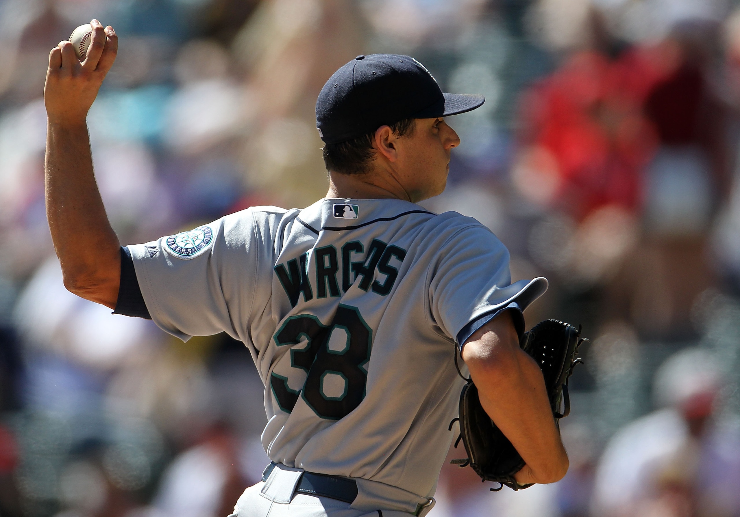 ARLINGTON, TX - SEPTEMBER 29:  Pitcher Jason Vargas #38 of the Seattle Mariners throws against the Texas Rangers at Rangers Ballpark in Arlington on September 29, 2010 in Arlington, Texas.  (Photo by Ronald Martinez/Getty Images)