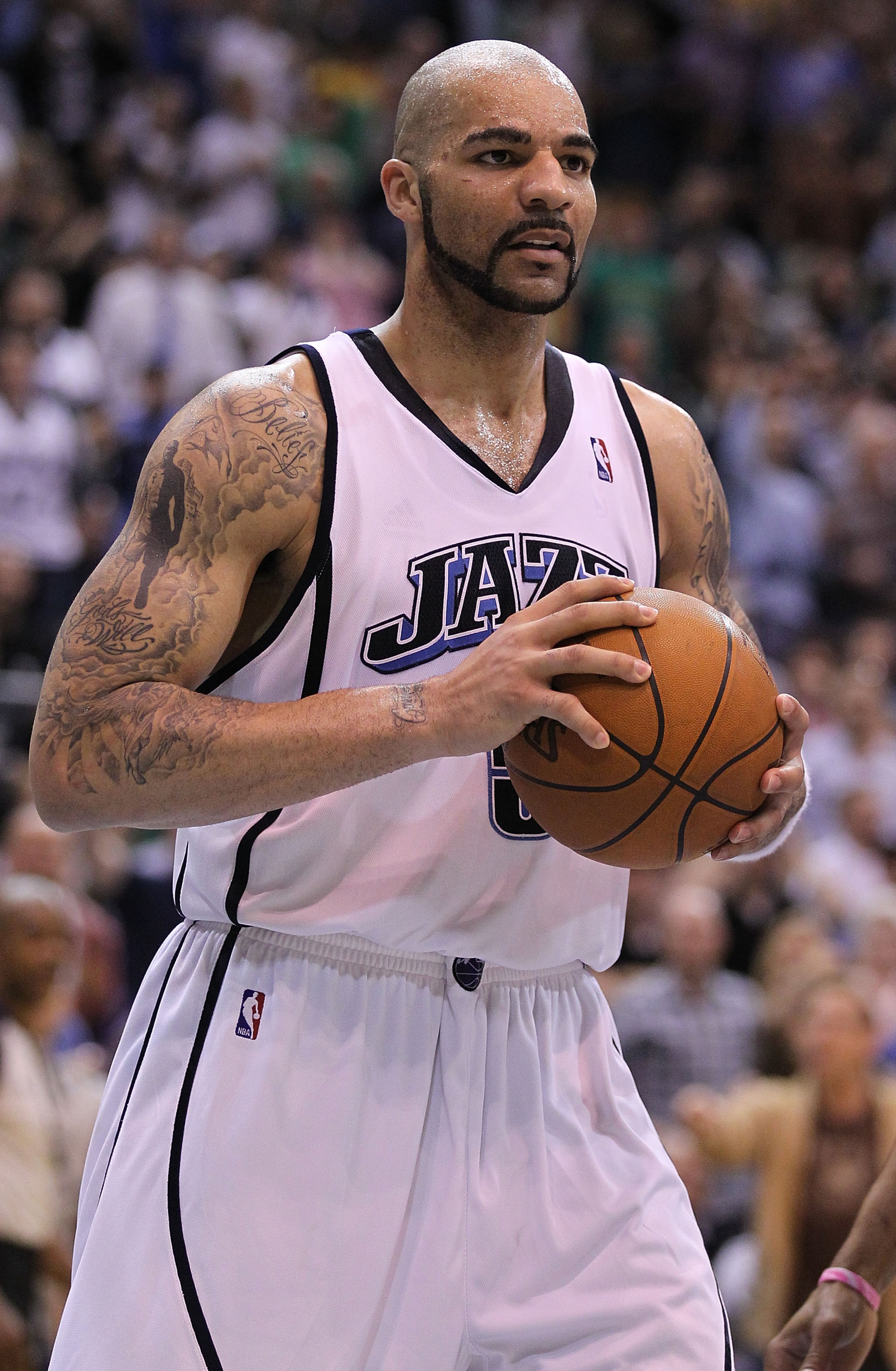 SALT LAKE CITY - MAY 10:  Carlos Boozer #5 of the Utah Jazz reacts to a call against the Los Angeles Lakers during Game Four of the Western Conference Semifinals of the 2010 NBA Playoffs on May 10, 2010 at Energy Solutions Arena in Salt Lake City, Utah. N