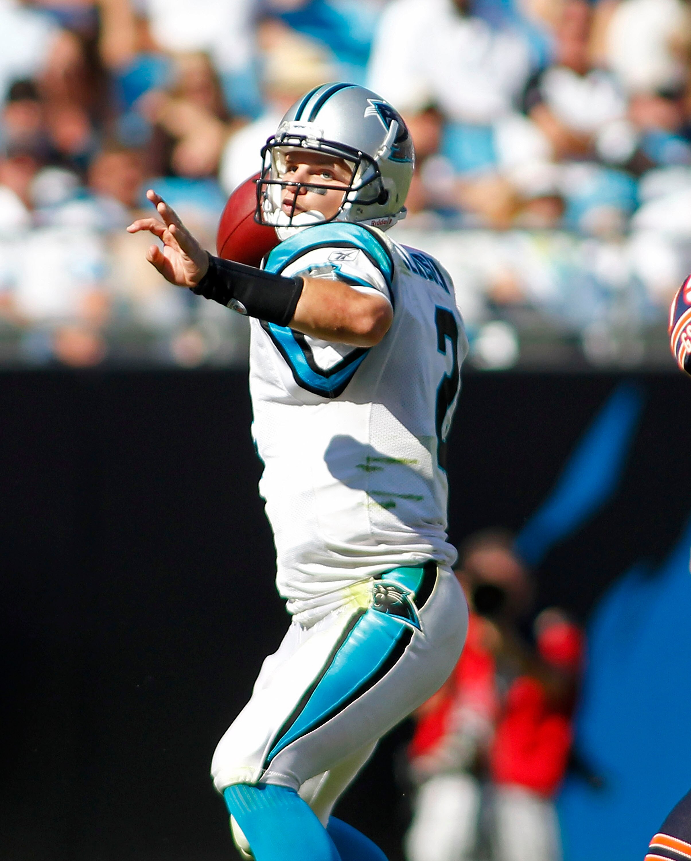 CHARLOTTE, NC - OCTOBER 10: Quarterback Jimmy Clausen #2 of the Carolina Panthers passes the ball against the Chicago Bears at Bank of America Stadium on October 10, 2010 in Charlotte, North Carolina. (Photo by Geoff Burke/Getty Images)
