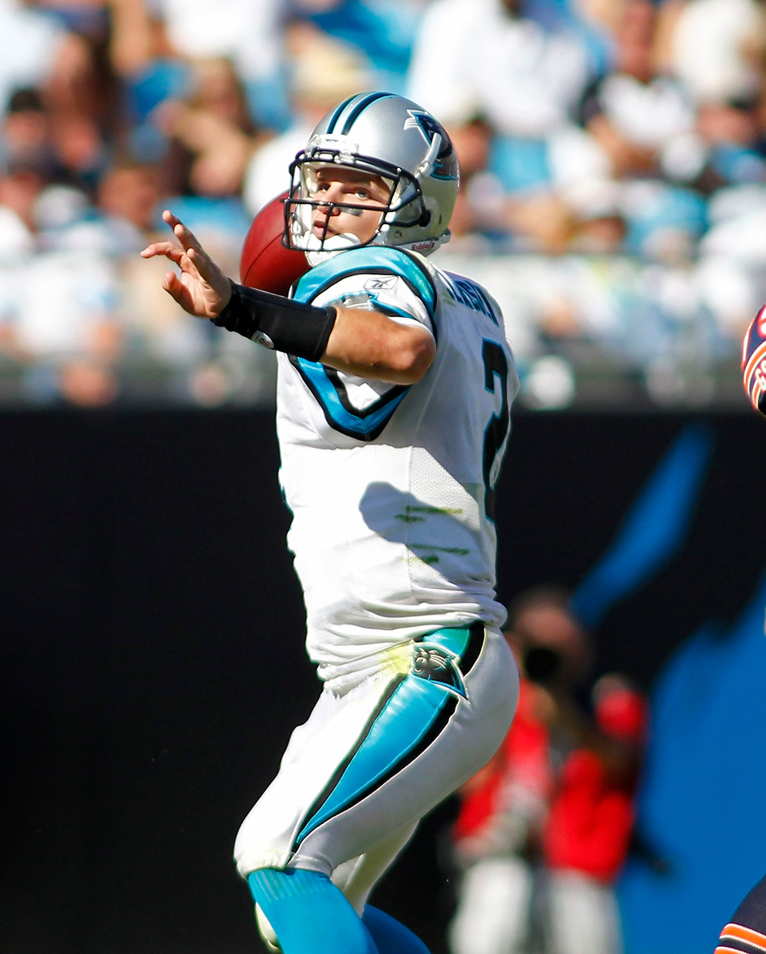 CHARLOTTE, NC - OCTOBER 10: Quarterback Jimmy Clausen #2 of the Carolina Panthers passes the ball against the Chicago Bears at Bank of America Stadium on October 10, 2010 in Charlotte, North Carolina. (Photo by Geoff Burke/Getty Images)
