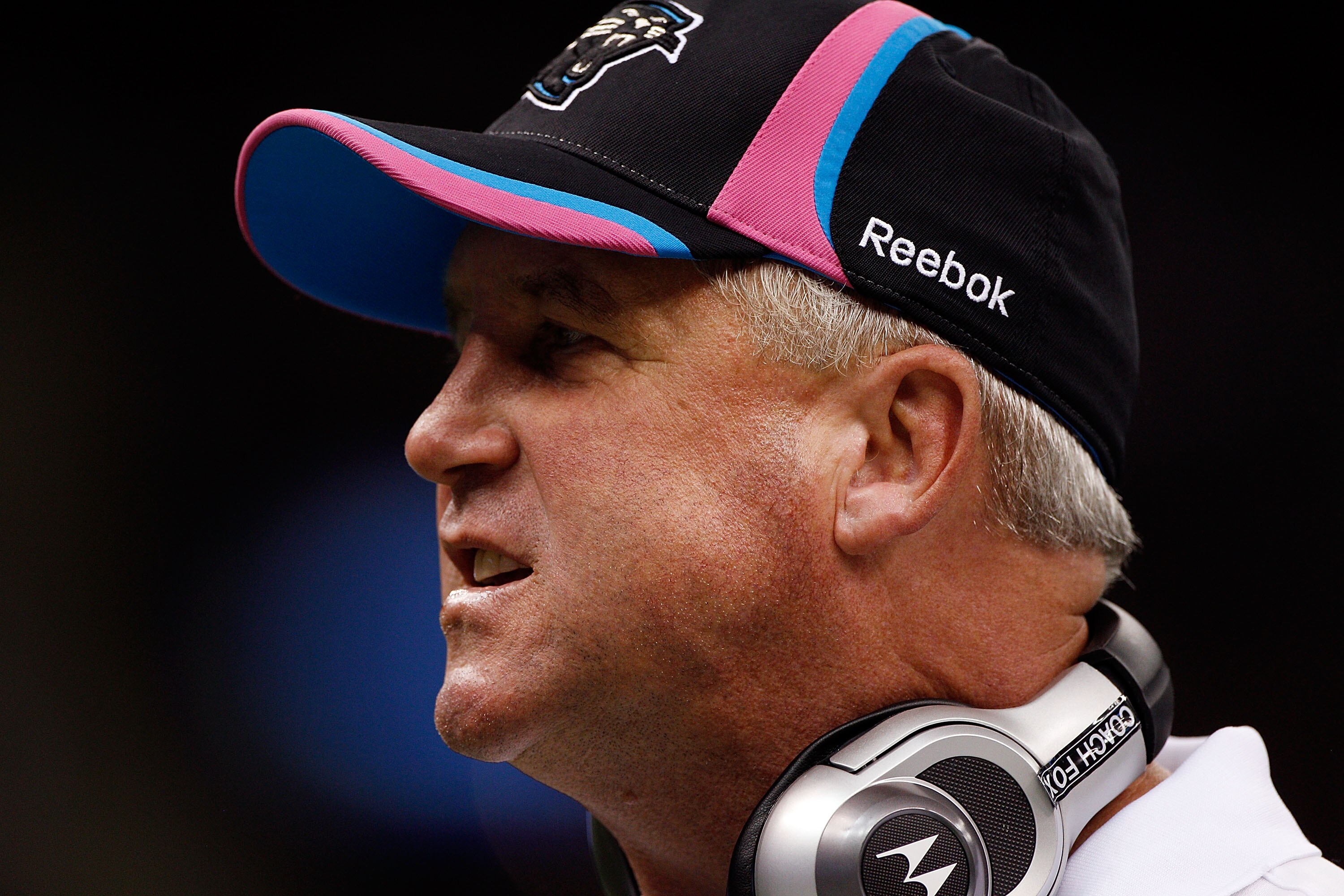 NEW ORLEANS - OCTOBER 03:  Head coach John Fox of the Carolina Panthers reacts to a call during the game against the New Orleans Saints at the Louisiana Superdome on October 3, 2010 in New Orleans, Louisiana.  (Photo by Chris Graythen/Getty Images)