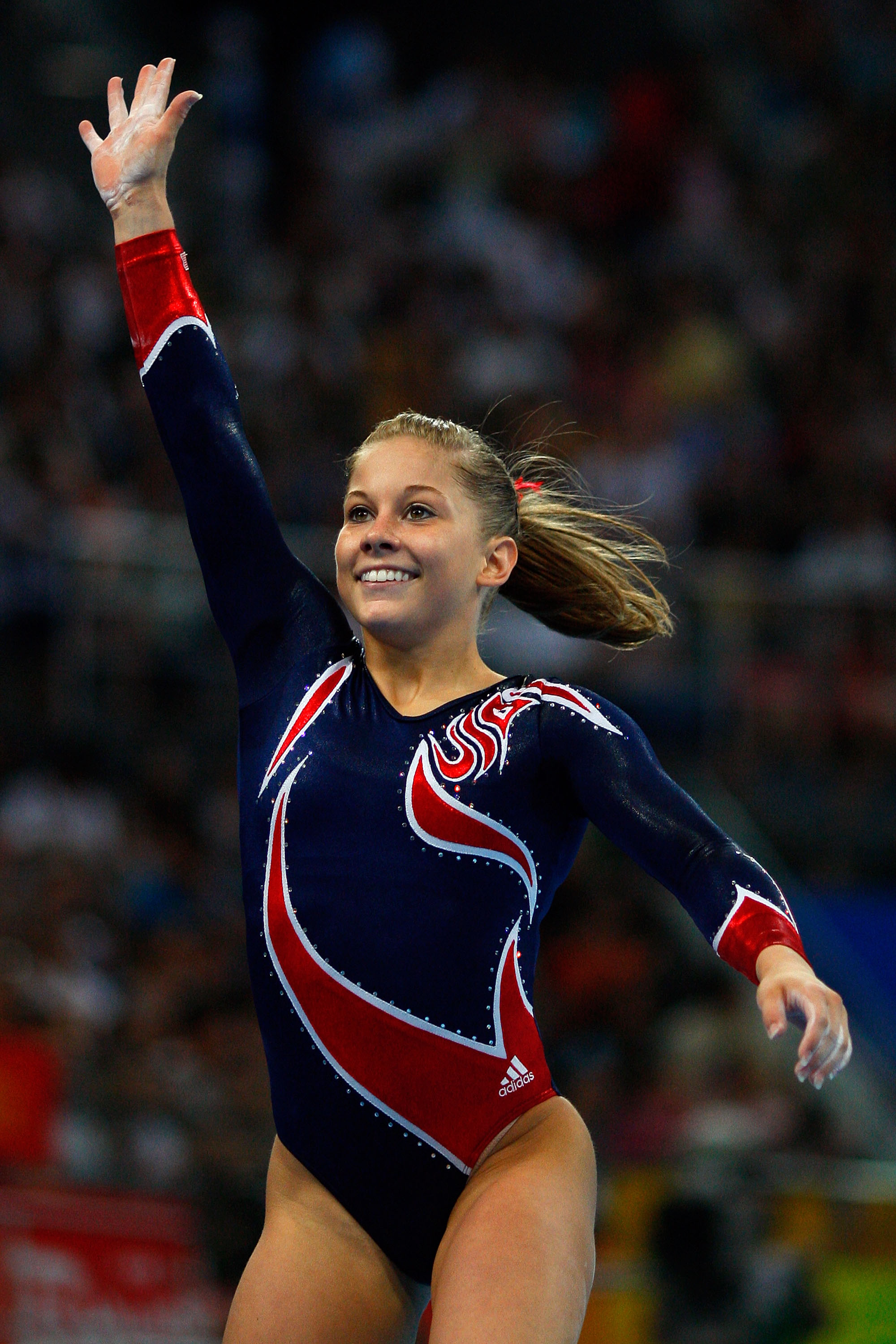 BEIJING - AUGUST 19:  Shawn Johnson of the USA celebrates after competing in the Women's Beam Final at the National Indoor Stadium on Day 11 of the Beijing 2008 Olympic Games on August 19, 2008 in Beijing, China.  (Photo by Cameron Spencer/Getty Images)