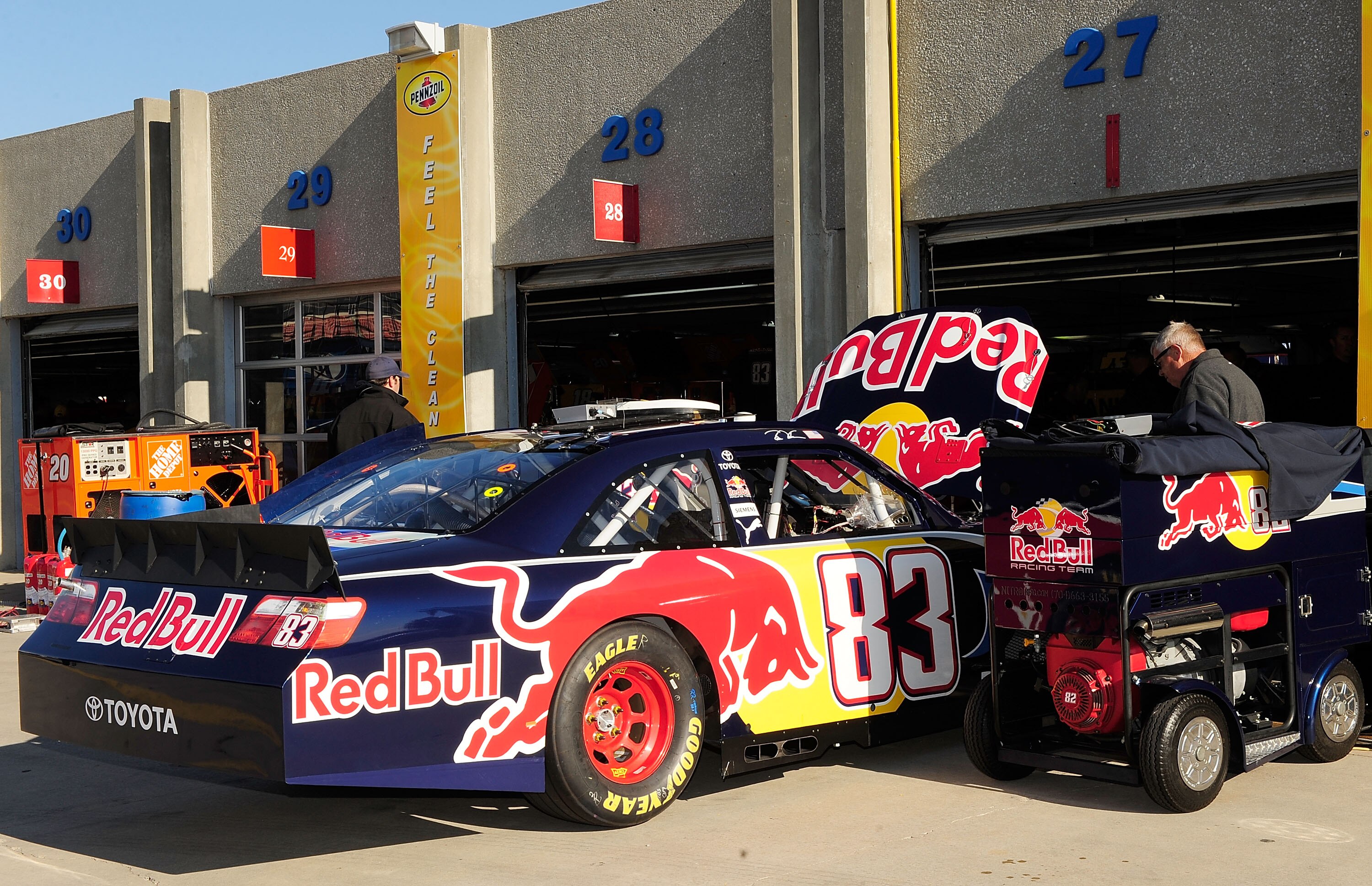 CONCORD, NC - MARCH 23:  The #83 Red Bull Racing Toyota driven by Brian Vickers in the garage area during spoiler testing at Charlotte Motor Speedway on March 23, 2010 in Concord, North Carolina.  (Photo by Rusty Jarrett/Getty Images)