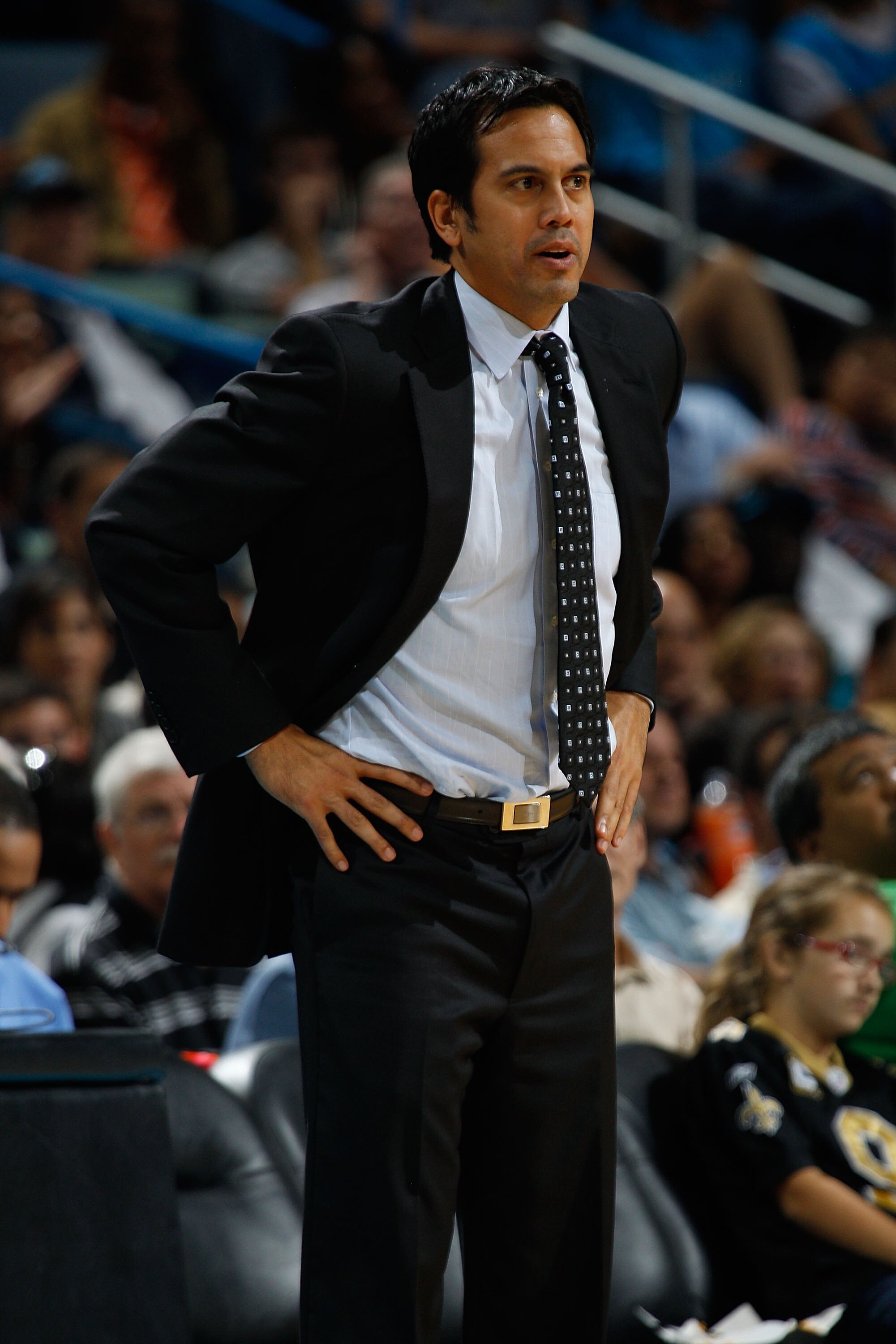 NEW ORLEANS - OCTOBER 13: Head coach Erik Spoelstra of the Miami Heat in action during the game against the New Orleans Hornets at the New Orleans Arena on October 13, 2010 in New Orleans, Louisiana. NOTE TO USER: User expressly acknowledges and agrees NEW ORLEANS - OCTOBER 13: Head coach Erik Spoelstra of the Miami Heat in action during the game against the New Orleans Hornets at the New Orleans Arena on October 13, 2010 in New Orleans, Louisiana. NOTE TO USER: User expressly acknowledges and agrees
