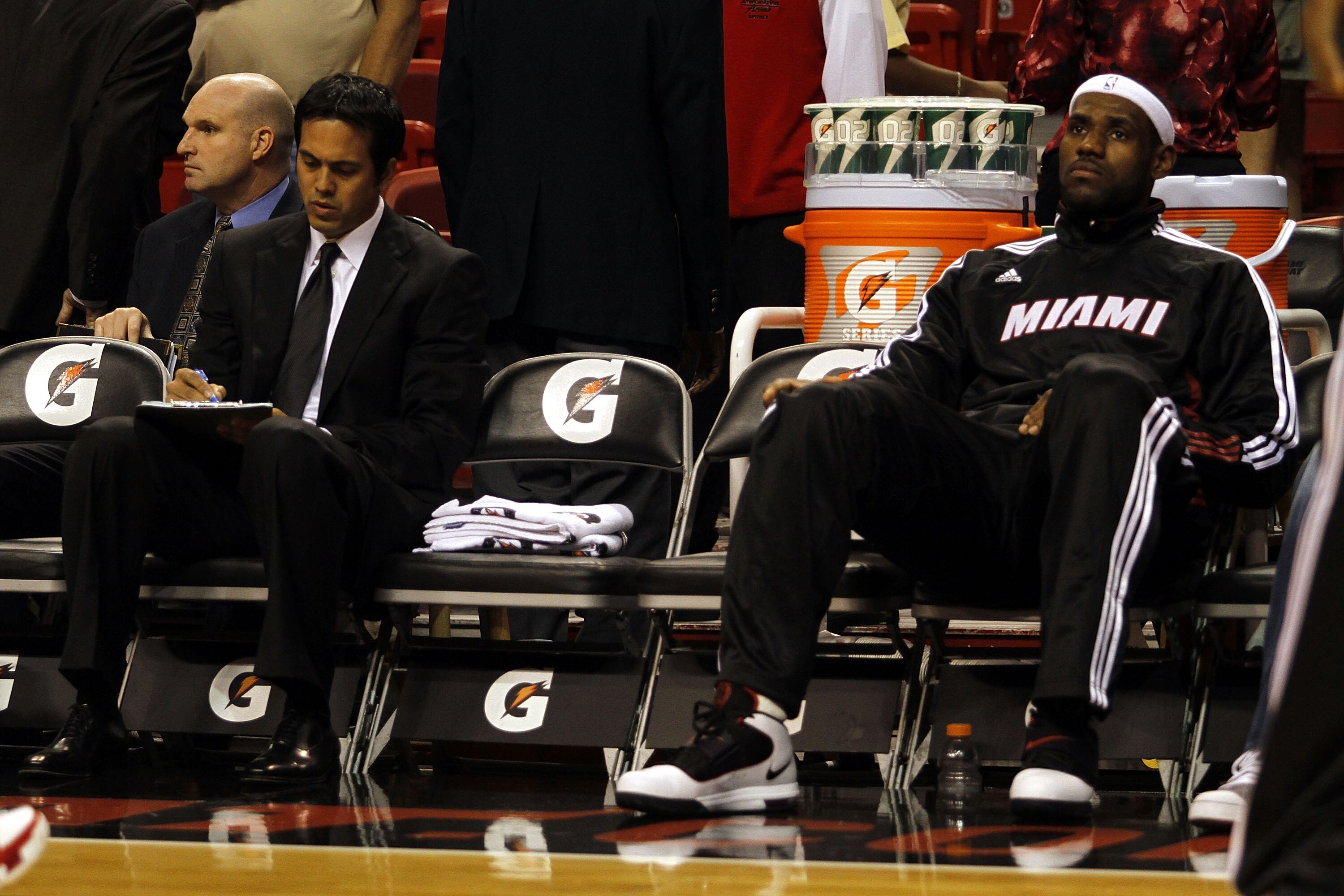 MIAMI - OCTOBER 12: Forward LeBron James #6 and head coach Erik Spoelstra of the Miami Heat on the bench during a game against CSKA Moskow on October 12, 2010 in Miami, Florida. NOTE TO USER: User expressly acknowledges and agrees that, by downloading a MIAMI - OCTOBER 12: Forward LeBron James #6 and head coach Erik Spoelstra of the Miami Heat on the bench during a game against CSKA Moskow on October 12, 2010 in Miami, Florida. NOTE TO USER: User expressly acknowledges and agrees that, by downloading a