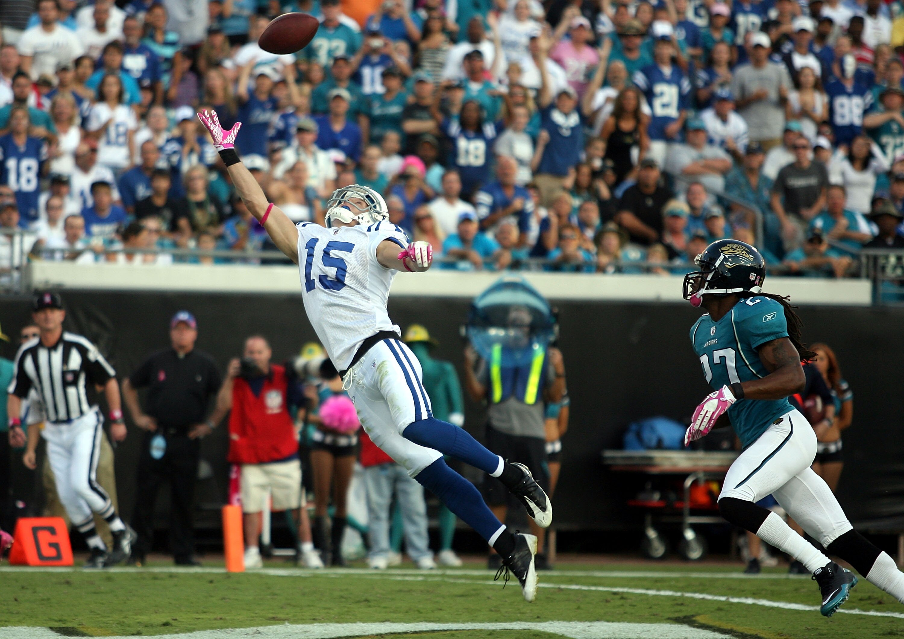 JACKSONVILLE, FL - OCTOBER 03:  Receiver Austin Collie #15 of the Indianapolis Colts cannot make the catch while taking on the Jacksonville Jaguars at EverBank Field on October 3, 2010 in Jacksonville, Florida. The Jaguars won 31-28.  (Photo by Marc Serot