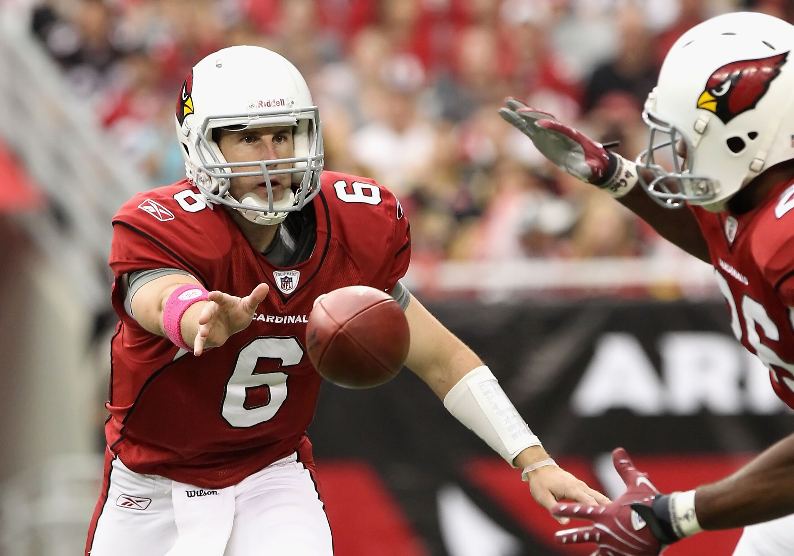 GLENDALE, AZ - OCTOBER 10:  Quarterback Max Hall #6 of the Arizona Cardinals flips the ball during the NFL game against the New Orleans Saints at the University of Phoenix Stadium on October 10, 2010 in Glendale, Arizona. The Cardinals defeated the Saints