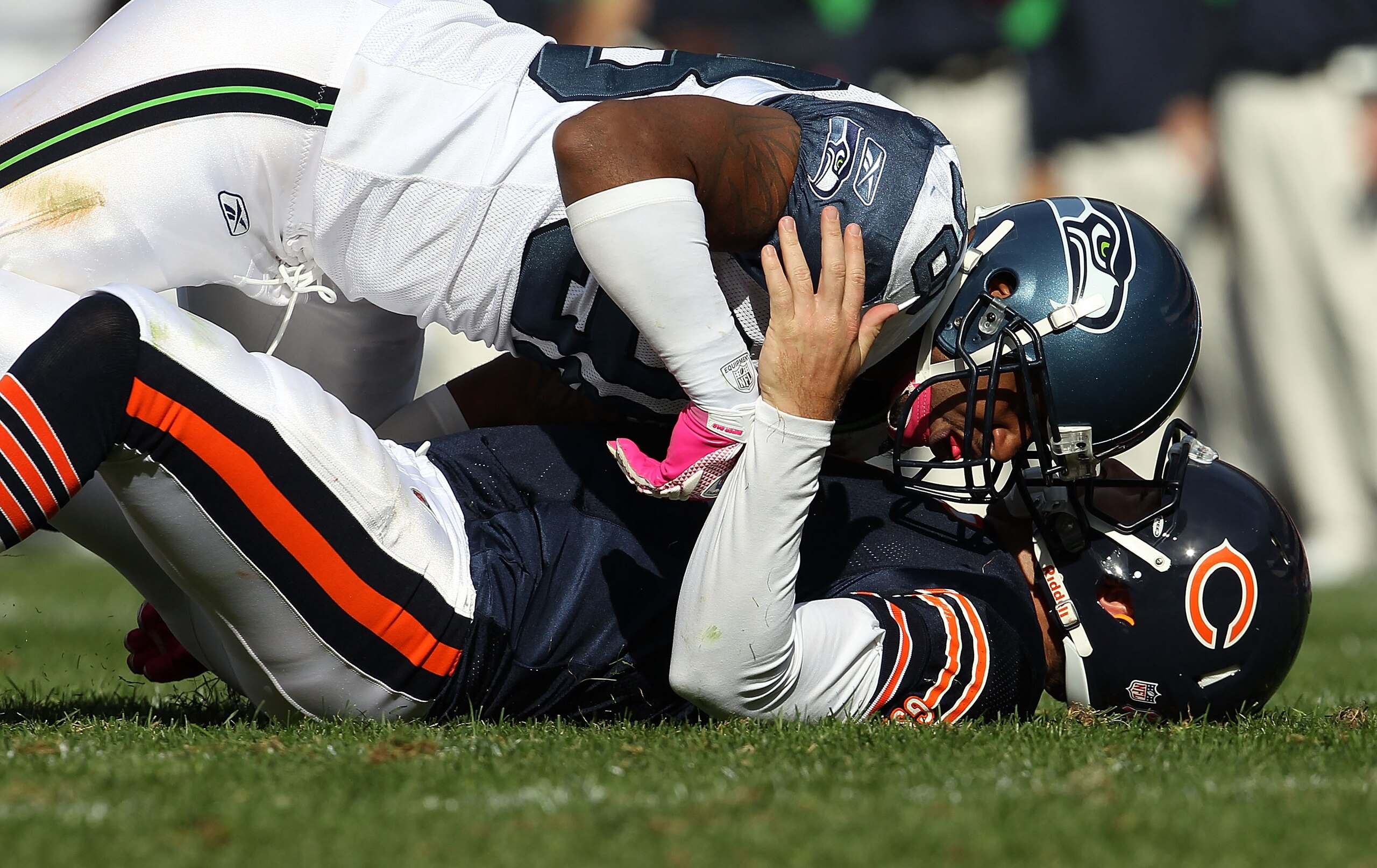 CHICAGO - OCTOBER 17: Jay Cutler #6 of the Chicago Bears is driven to the ground after throwing by Raheem Brock #98 of the Seattle Seahawks at Soldier Field on October 17, 2010 in Chicago, Illinois. The Seahawks defeated the Bears 23-20. (Photo by Jonatha CHICAGO - OCTOBER 17: Jay Cutler #6 of the Chicago Bears is driven to the ground after throwing by Raheem Brock #98 of the Seattle Seahawks at Soldier Field on October 17, 2010 in Chicago, Illinois. The Seahawks defeated the Bears 23-20. (Photo by Jonatha