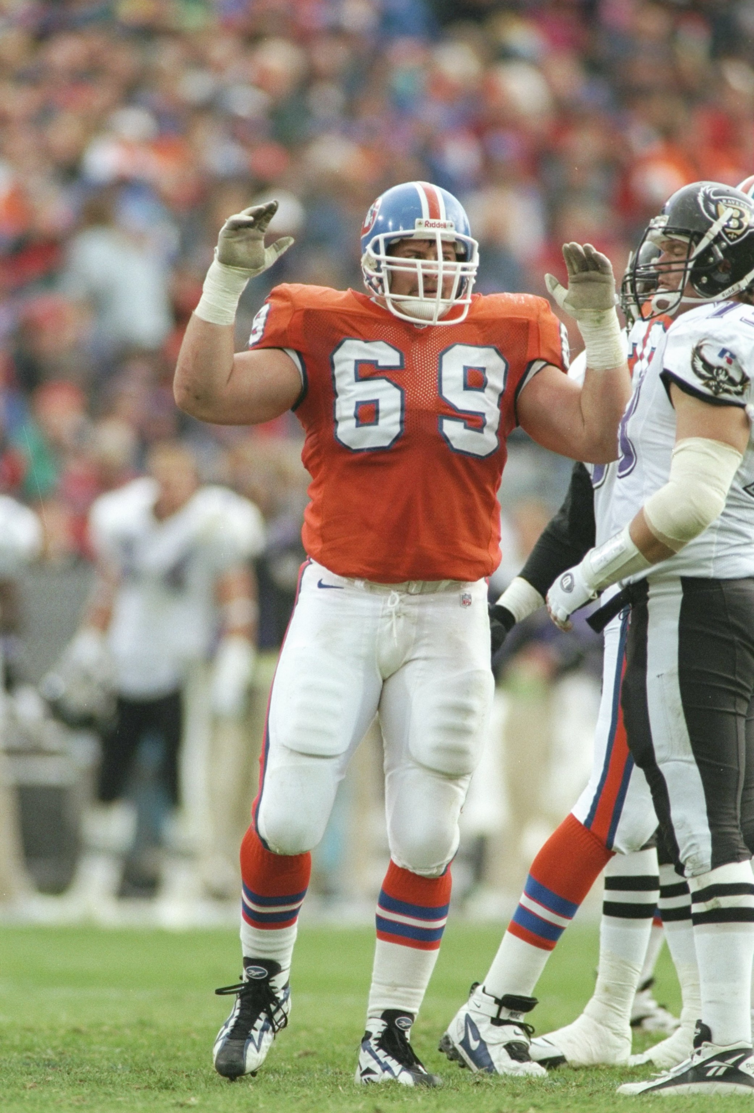 20 Oct 1996:  Offensive lineman Mark Schlereth of the Denver Broncos celebrates during a game against the Baltimore Ravens at Mile High Stadium in Denver, Colorado.  The Chargers won the game 16-10. Mandatory Credit: Brian Bahr  /Allsport