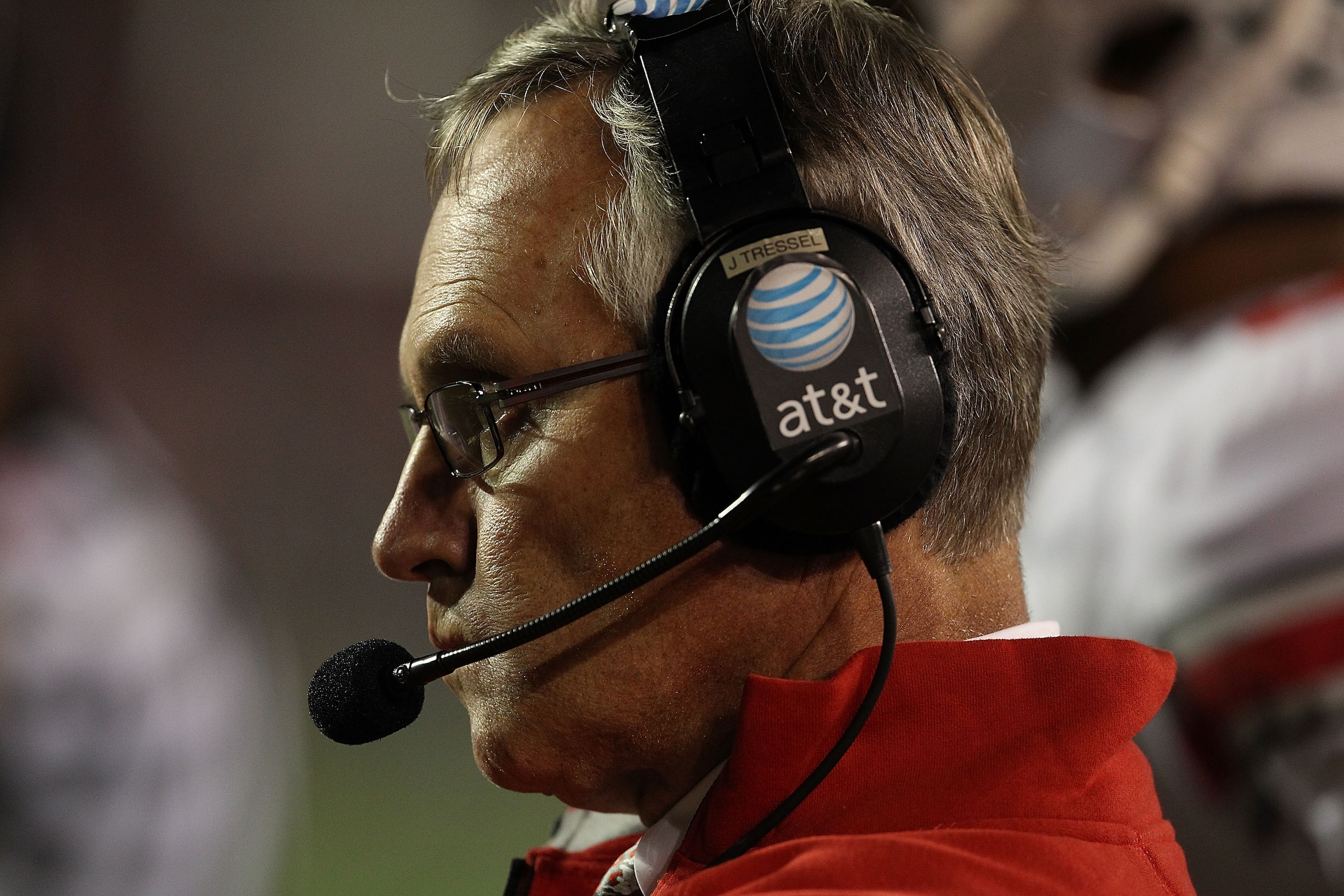 MADISON, WI - OCTOBER 16: Head coach Jim Tressel of the Ohio State Buckeyes watches as his team takes on the Wisconsin Badgers at Camp Randall Stadium on October 16, 2010 in Madison, Wisconsin. Wisconsin defeated Ohio State 31-18. (Photo by Jonathan Danie