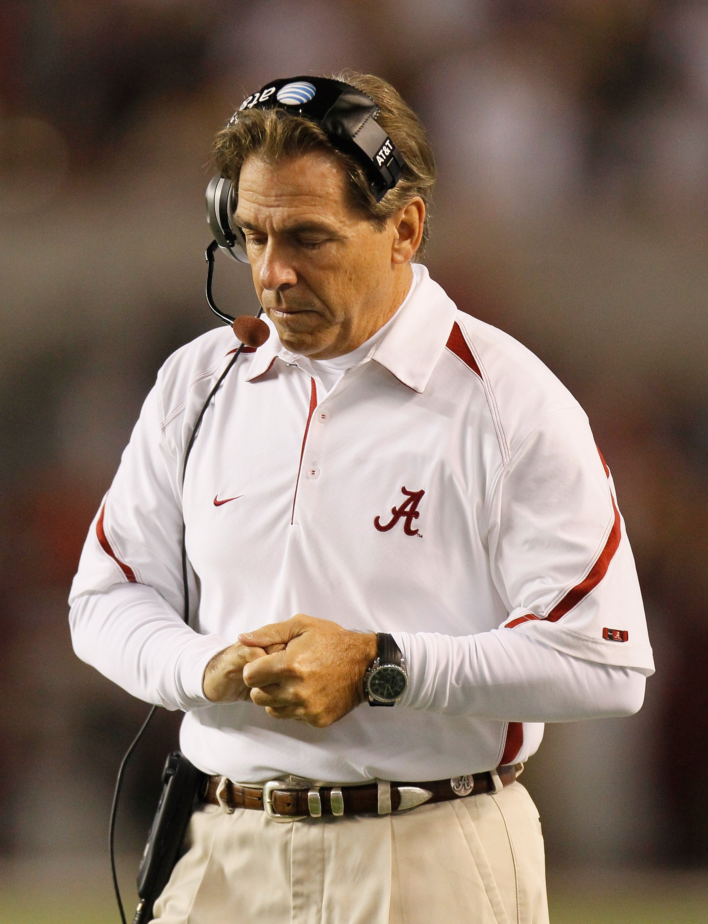 TUSCALOOSA, AL - OCTOBER 16: Head coach Nick Saban of the Alabama Crimson Tide against the Ole Miss Rebels at Bryant-Denny Stadium on October 16, 2010 in Tuscaloosa, Alabama. (Photo by Kevin C. Cox/Getty Images) TUSCALOOSA, AL - OCTOBER 16: Head coach Nick Saban of the Alabama Crimson Tide against the Ole Miss Rebels at Bryant-Denny Stadium on October 16, 2010 in Tuscaloosa, Alabama. (Photo by Kevin C. Cox/Getty Images)