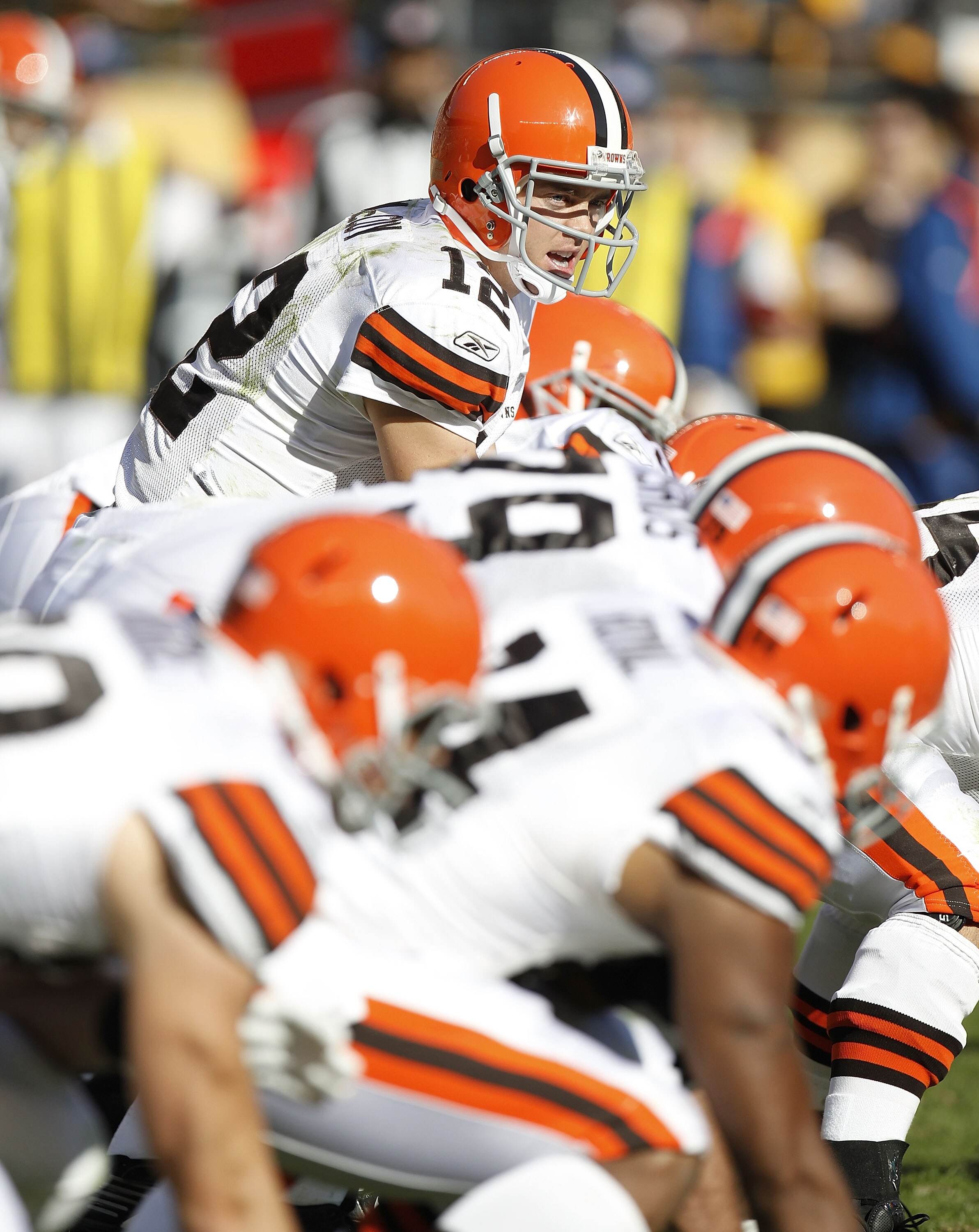 PITTSBURGH - OCTOBER 17:  Colt McCoy #12 of the Cleveland Browns gets ready to snap the ball while playing the Pittsburgh Steelers on October 17, 2010 at Heinz Field in Pittsburgh, Pennsylvania. Pittsburgh won the game 28-10. (Photo by Gregory Shamus/Gett