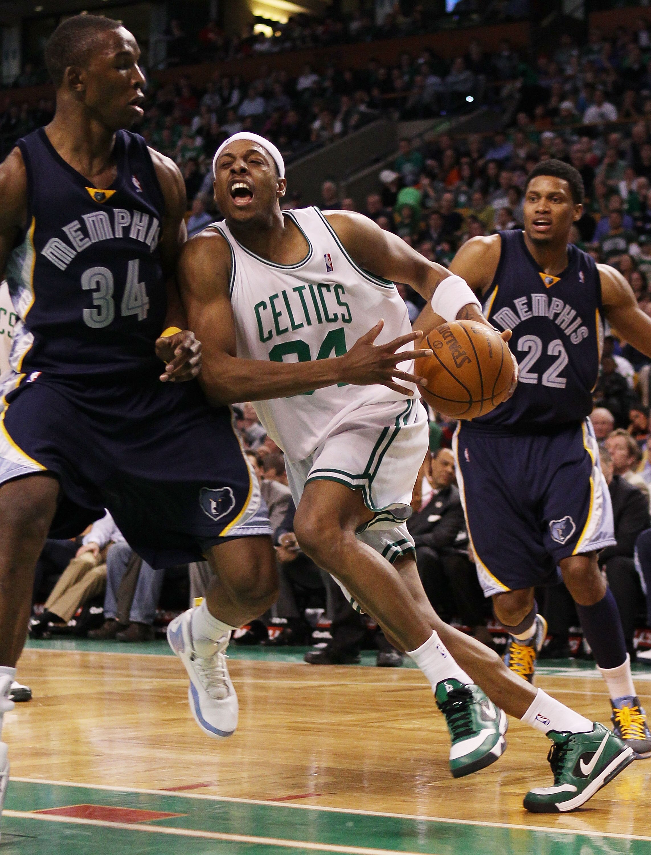 BOSTON - MARCH 10:  Paul Pierce #34 of the Boston Celtics tries to get around Hasheem Thabeet #34  of the Memphis Grizzlies on March 10, 2010 at the TD Garden in Boston, Massachusetts. The Grizzlies defeated the Celtics 111-91. NOTE TO USER: User expressl