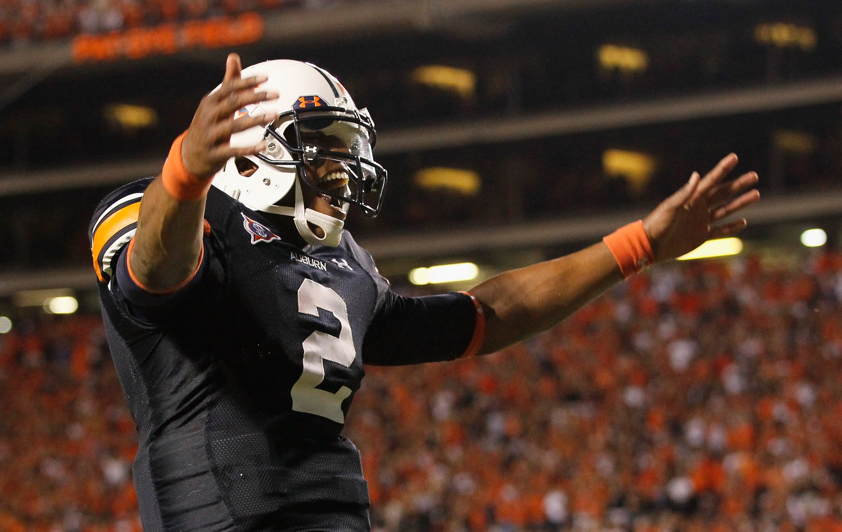 AUBURN, AL - SEPTEMBER 25:  Quarterback Cameron Newton #2 of the Auburn Tigers reacts after passing for a touchdown against the South Carolina Gamecocks at Jordan-Hare Stadium on September 25, 2010 in Auburn, Alabama.  (Photo by Kevin C. Cox/Getty Images)