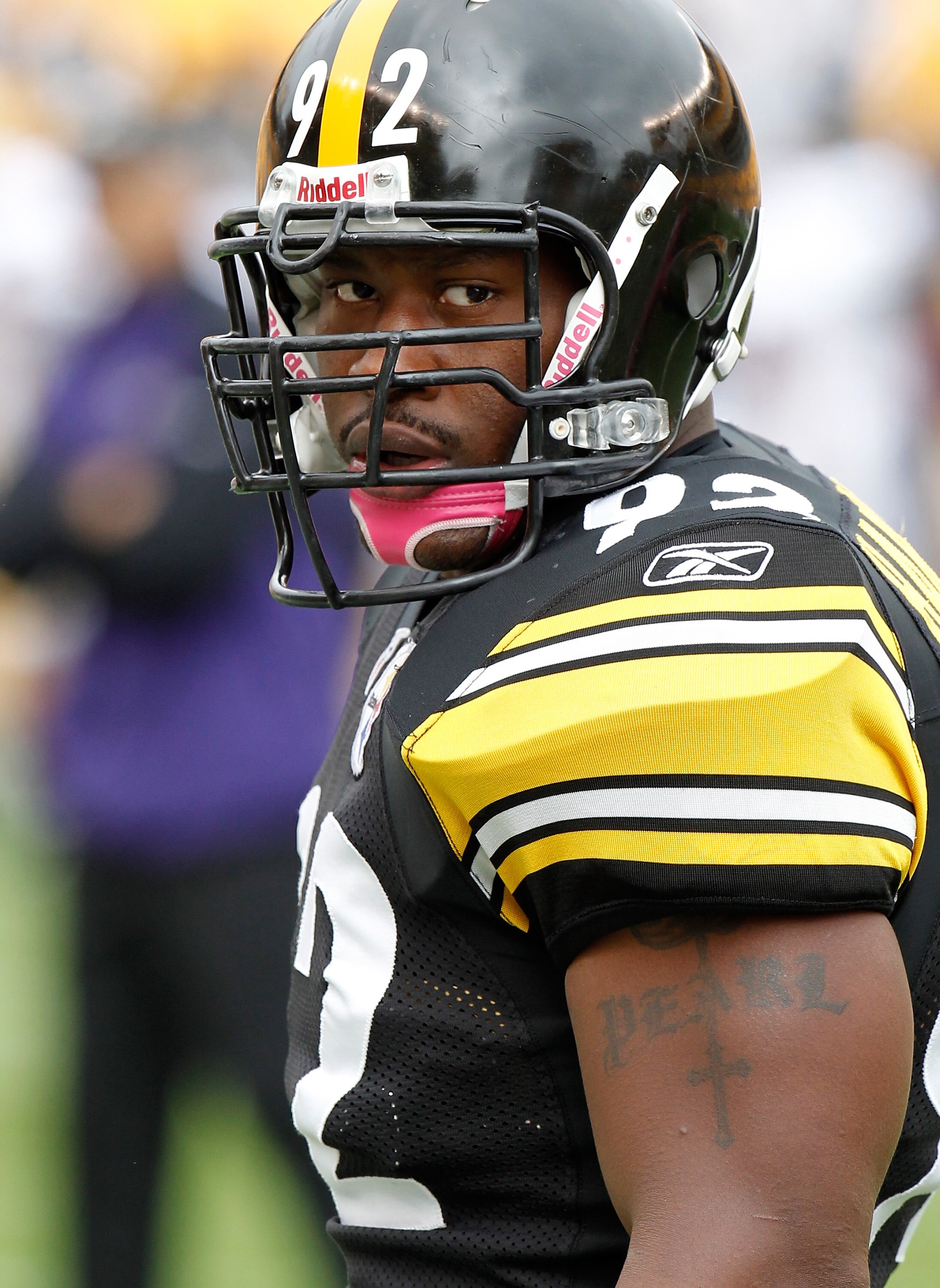 PITTSBURGH - OCTOBER 03: James Harrison #92 of the Pittsburgh Steelers looks on during the game against the Baltimore Ravens on October 3, 2010 at Heinz Field in Pittsburgh, Pennsylvania. (Photo by Gregory Shamus/Getty Images)