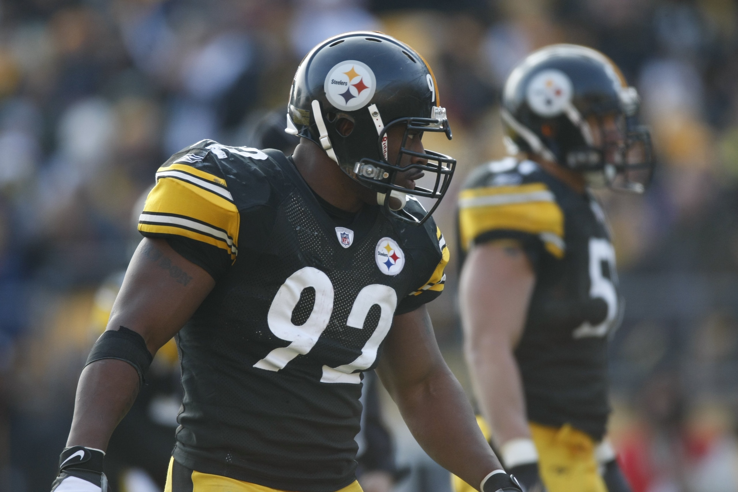 PITTSBURGH - DECEMBER 06:  James Harrison #92 of the Pittsburgh Steelers looks on during the game against the Oakland Raiders on December 6, 2009 at Heinz Field in Pittsburgh, Pennsylvania.  (Photo by Gregory Shamus/Getty Images)