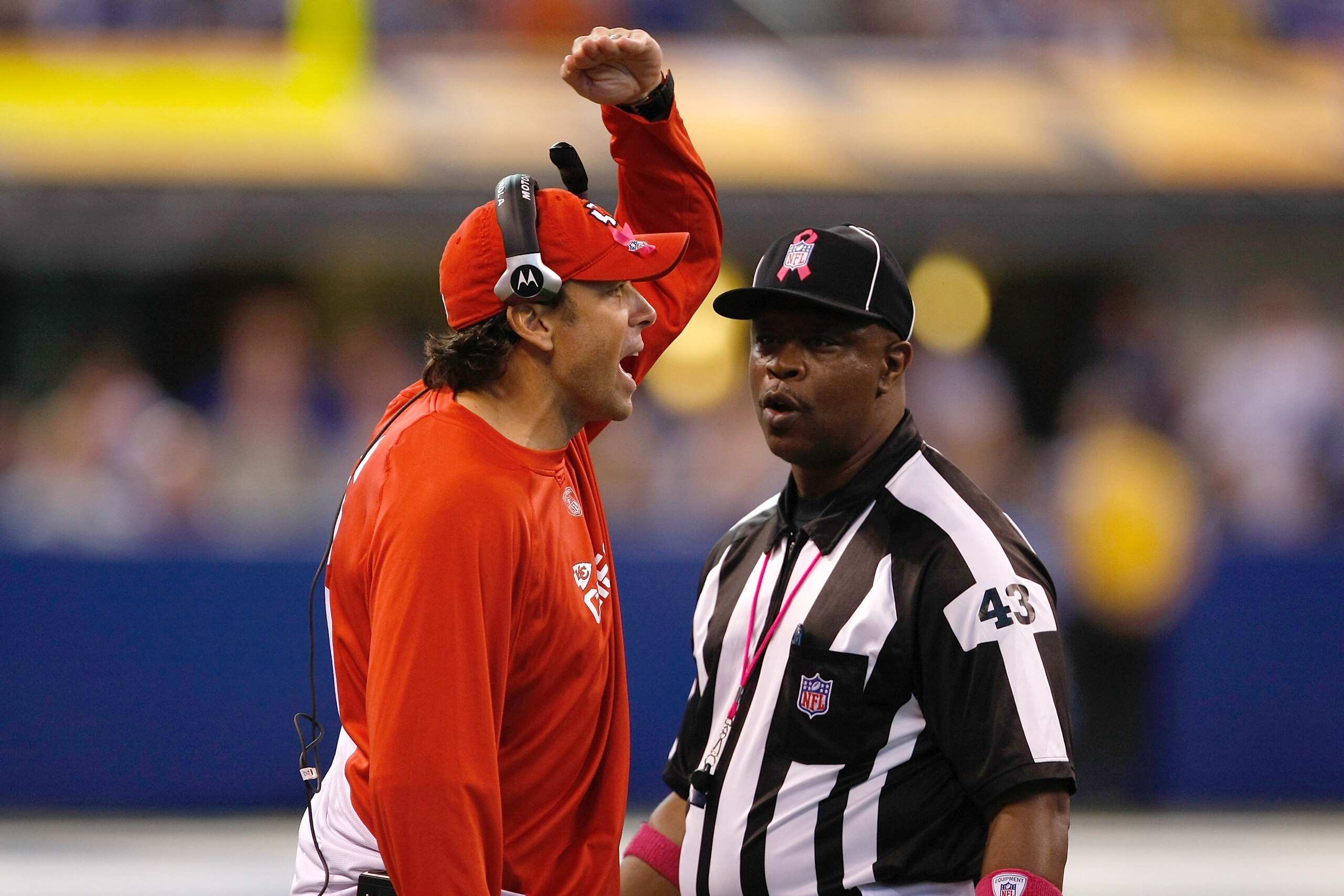 INDIANAPOLIS, IN - OCTOBER 10: Todd Haley of the Kansas City Chiefs argues with Terry Brown #43 over a penalty call against the Indianapolis Colts at Lucas Oil Stadium on October 10, 2010 in Indianapolis, Indiana. The Colts defeated the Chiefs 19-9. (Phot