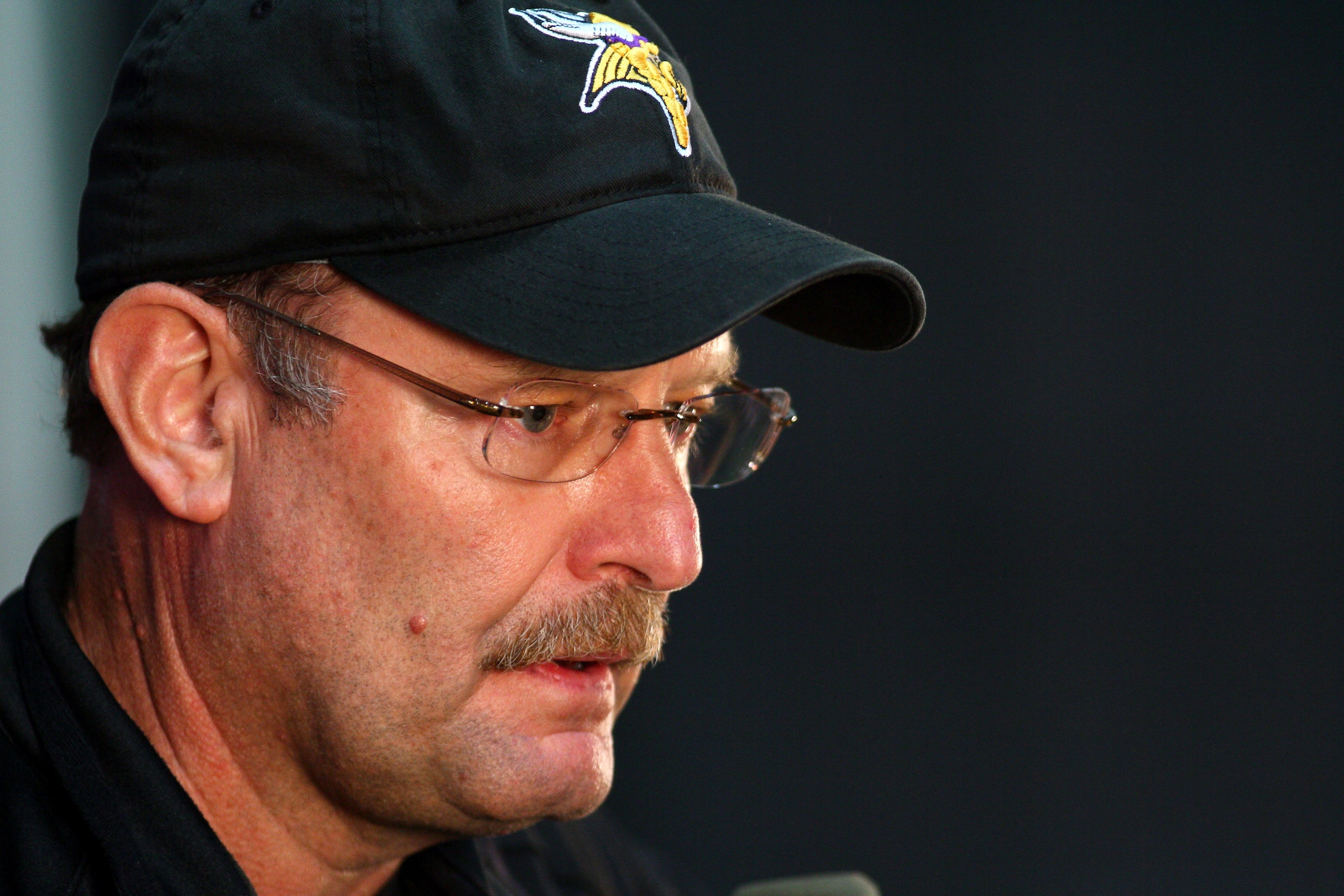 EDEN PRAIRIE, MN - OCTOBER 7:  Minnesota Vikings head coach Brad Childress answers questions from the media during a press conference at Winter Park on October 7, 2010 in Eden Prairie, Minnesota.  (Photo by Adam Bettcher/Getty Images)