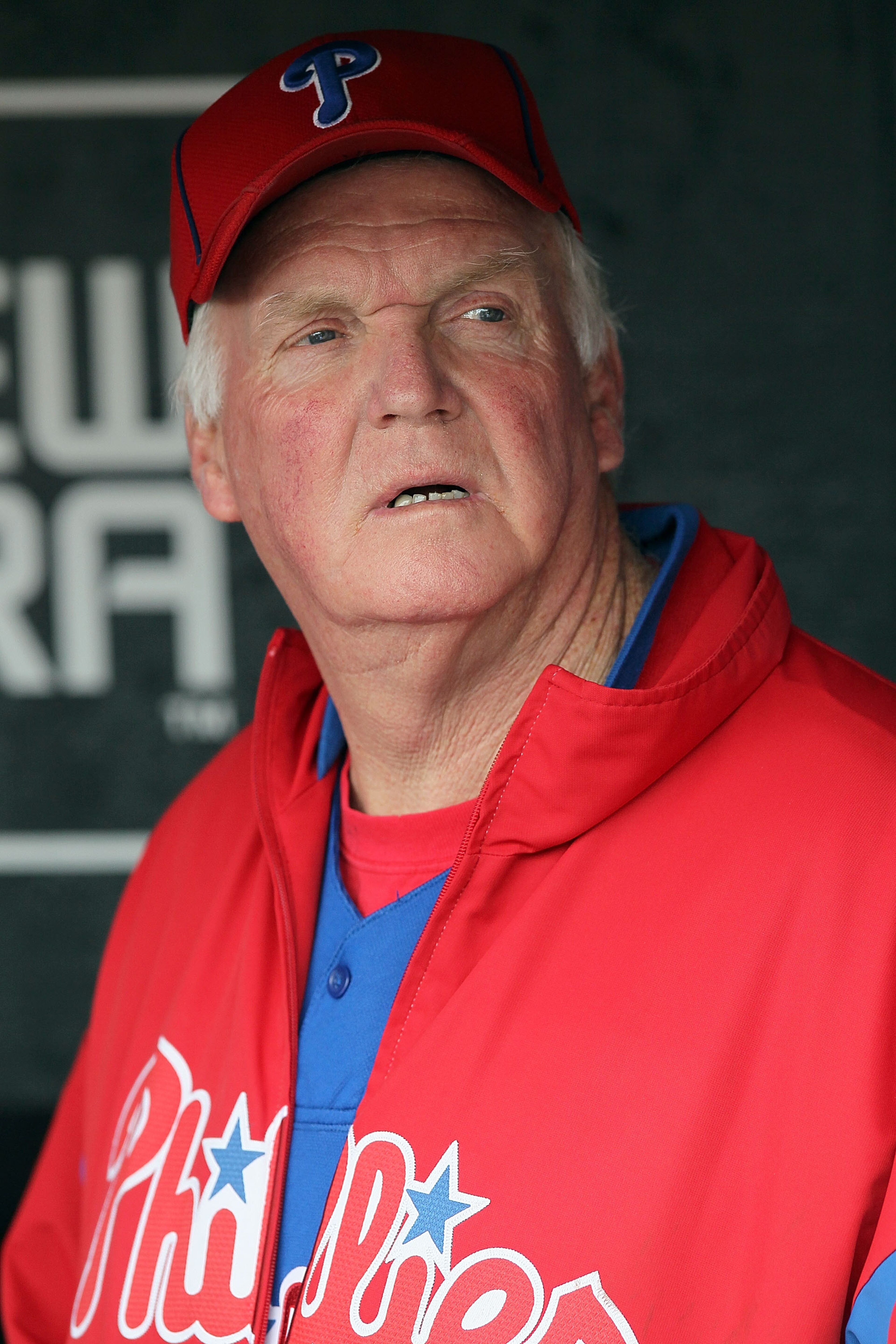 SAN FRANCISCO - OCTOBER 21:  Manager Charlie Manuel of the Philadelphia Phillies sits in the dugout prior to Game Five of the NLCS against the San Francisco Giants during the 2010 MLB Playoffs at AT&T Park on October 21, 2010 in San Francisco, California.