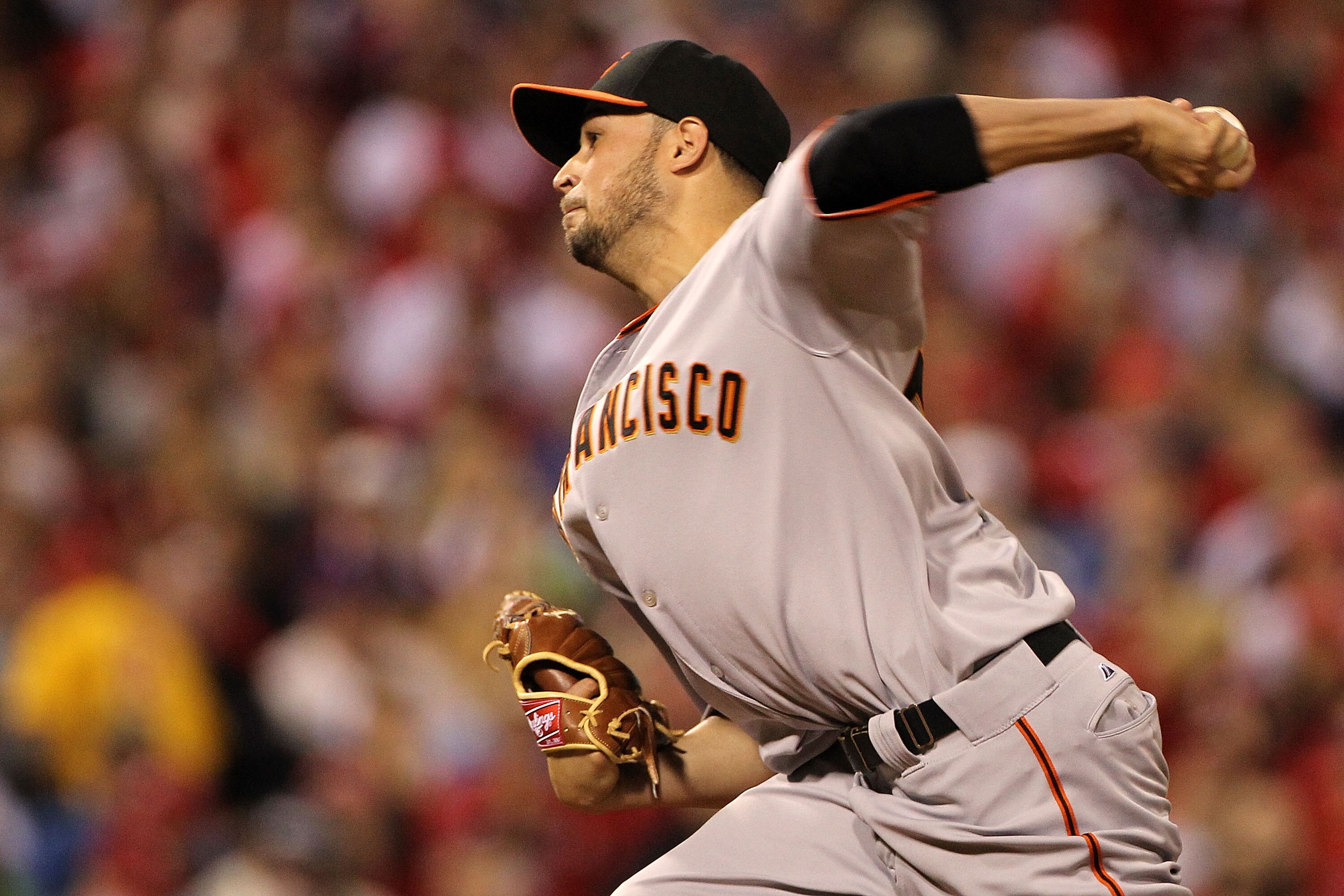 PHILADELPHIA - OCTOBER 17:  Jonathan Sanchez #57 of the San Francisco Giants pitches in the first inning against the Philadelphia Phillies in Game Two of the NLCS during the 2010 MLB Playoffs at Citizens Bank Park on October 17, 2010 in Philadelphia, Penn