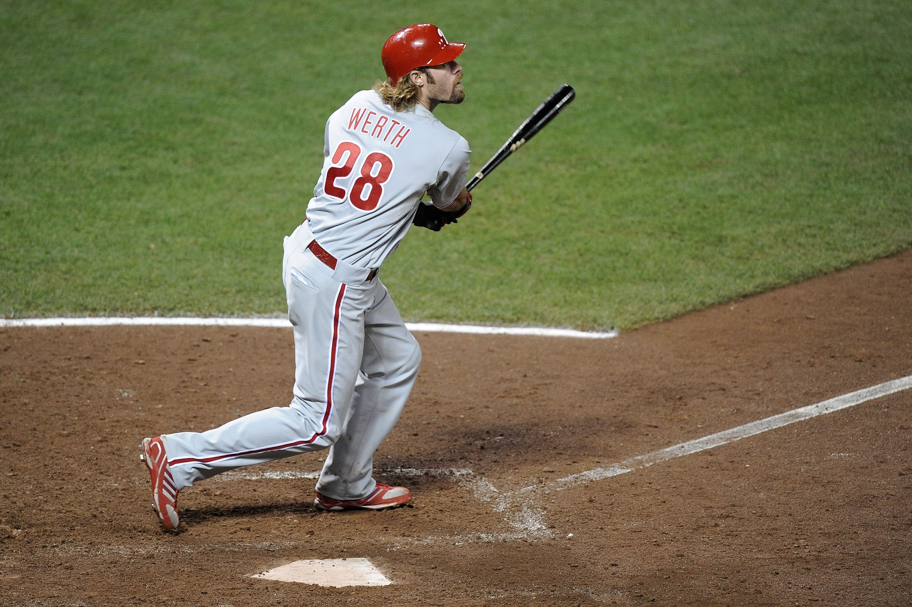 SAN FRANCISCO - OCTOBER 21:  Jayson Werth #28 of the Philadelphia Phillies hits a solo homerun off Ramon Ramirez #52 of the San Francisco Giants in the ninth inning of Game Five of the NLCS during the 2010 MLB Playoffs at AT&T Park on October 21, 2010 in