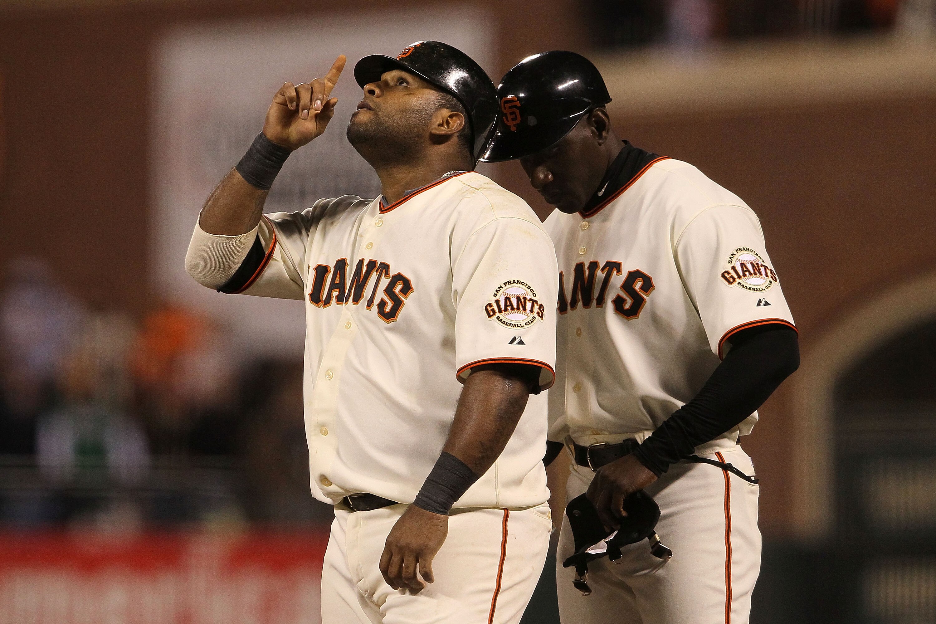 SAN FRANCISCO - OCTOBER 21:  Pablo Sandoval #48 of the San Francisco Giants reacts after hitting a single in the sixth inning while taking on the Philadelphia Phillies in Game Five of the NLCS during the 2010 MLB Playoffs at AT&T Park on October 21, 2010