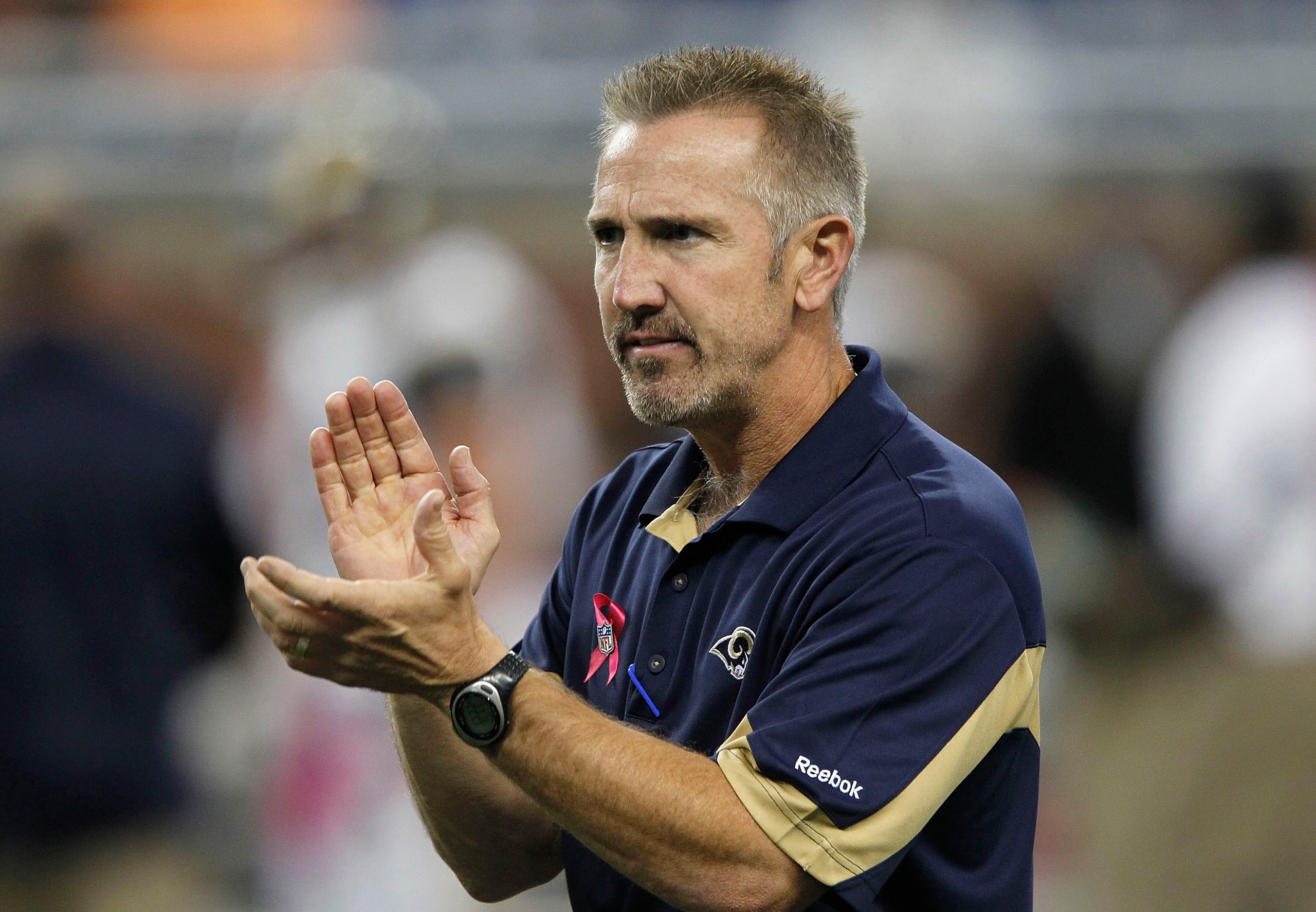 DETROIT - OCTOBER 10: St. Louis Rams head coach Steve Spagnuolo during the warms up prior to the start of the game against the Detroit Lions at Ford Field on October 10, 2010 in Detroit, Michigan.  (Photo by Leon Halip/Getty Images)