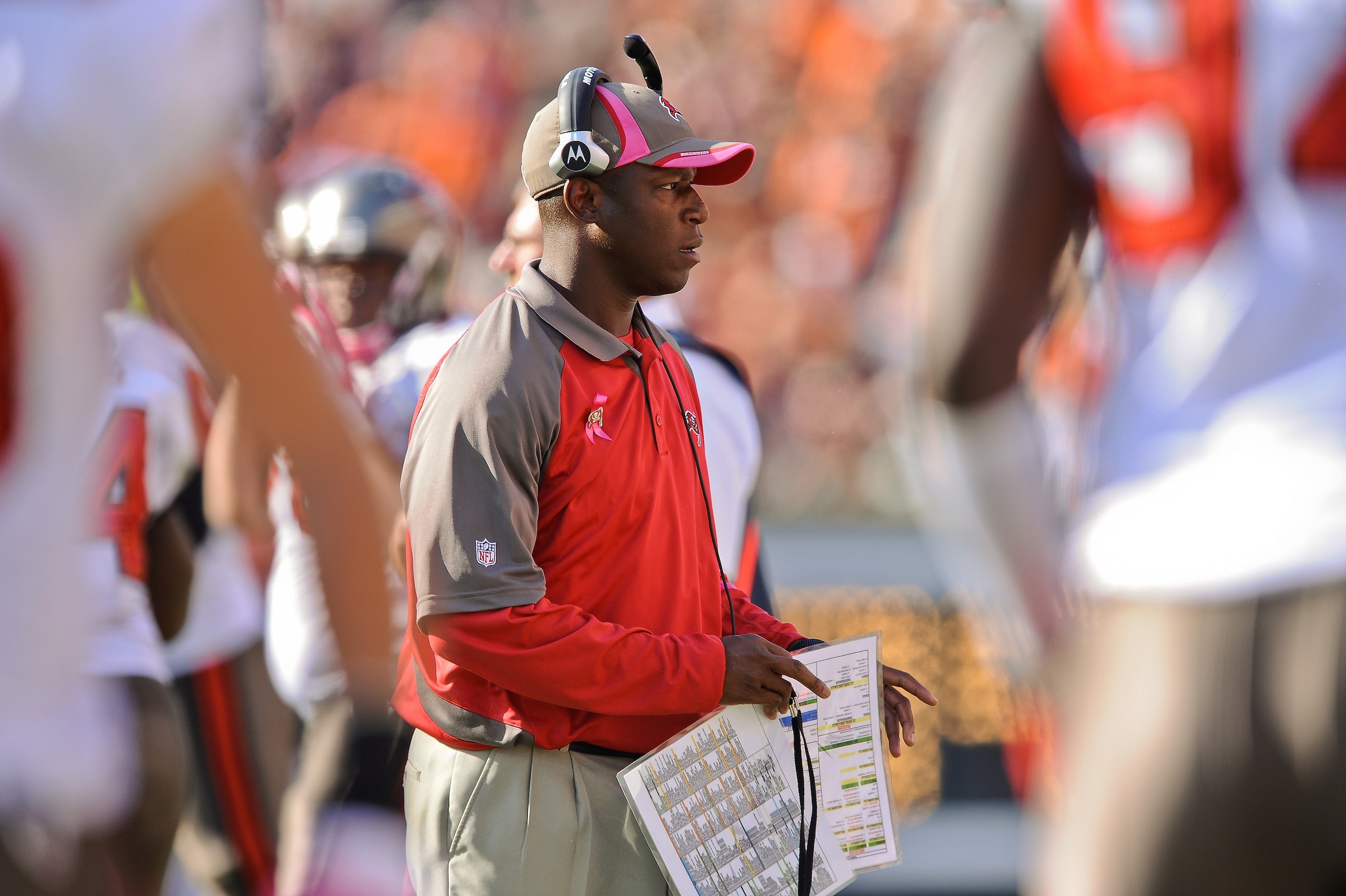 CINCINNATI, OH - OCTOBER 10: Head Coach Raheem Morris of the Tampa Bay Buccaneers watches his team play the Cincinnati Bengals at Paul Brown Stadium on October 10, 2010 in Cincinnati, Ohio. (Photo by Jamie Sabau/Getty Images)
