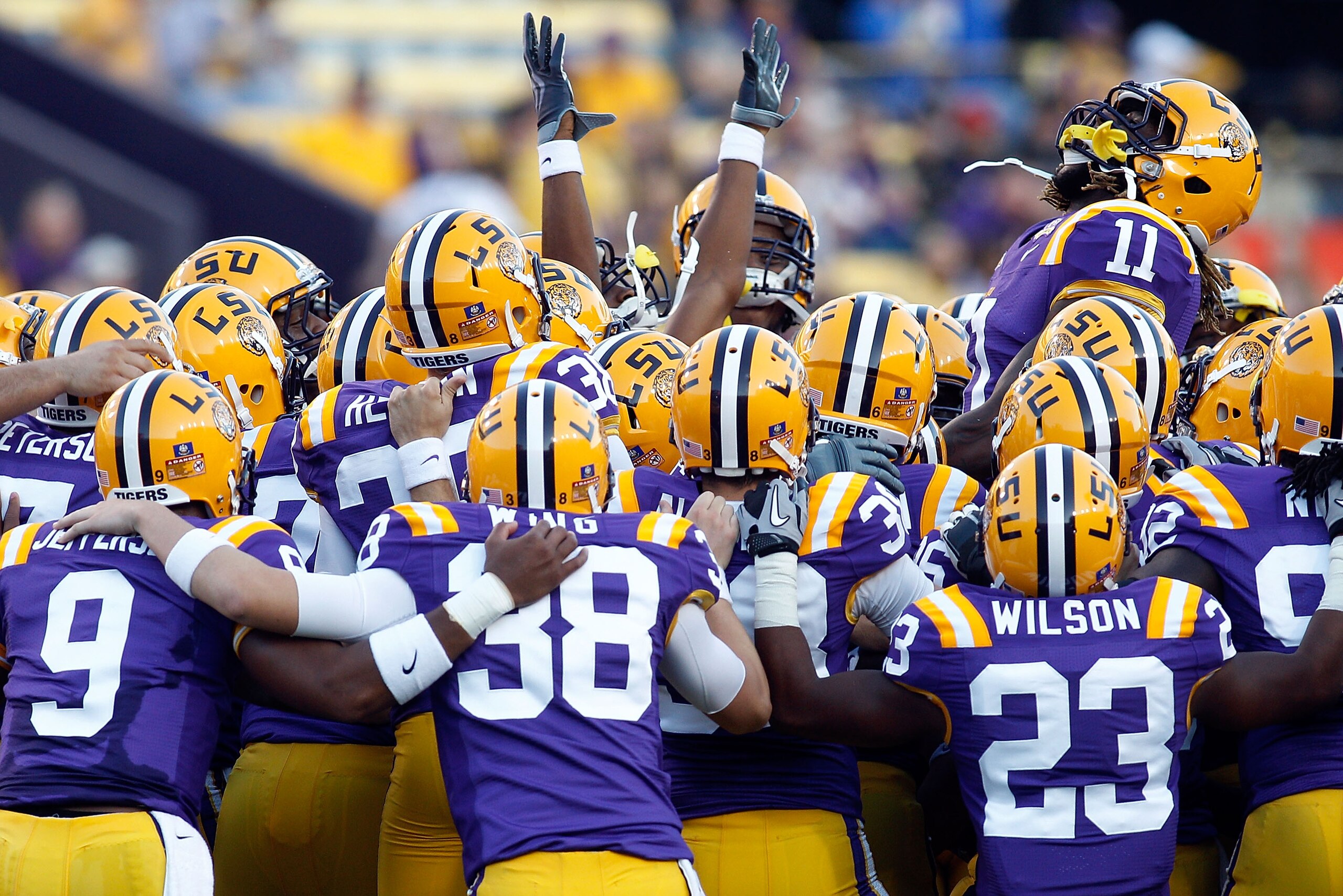 BATON ROUGE, LA - OCTOBER 16: Members of the Louisiana State University Tigers warm up before playing the McNeese State Cowboys at Tiger Stadium on October 16, 2010 in Baton Rouge, Louisiana. (Photo by Chris Graythen/Getty Images) BATON ROUGE, LA - OCTOBER 16: Members of the Louisiana State University Tigers warm up before playing the McNeese State Cowboys at Tiger Stadium on October 16, 2010 in Baton Rouge, Louisiana. (Photo by Chris Graythen/Getty Images)