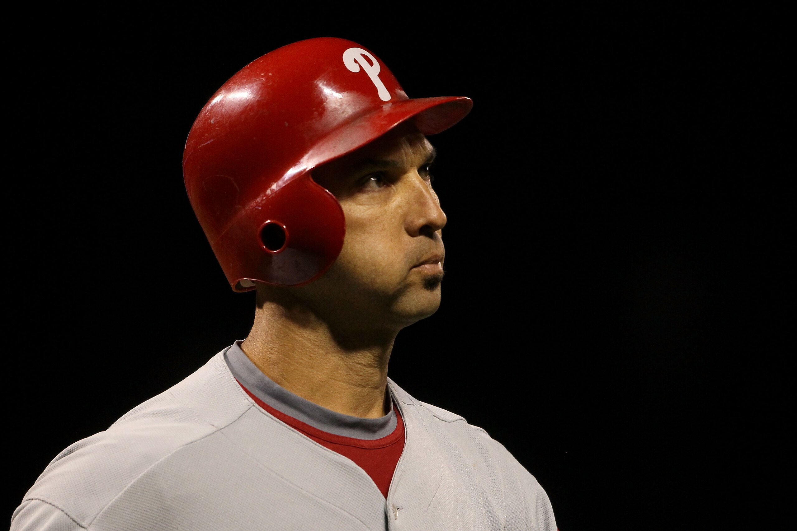 SAN FRANCISCO - OCTOBER 21:  Raul Ibanez #29 of the Philadelphia Phillies looks on against the San Francisco Giants in Game Five of the NLCS during the 2010 MLB Playoffs at AT&T Park on October 21, 2010 in San Francisco, California.  (Photo by Justin Sull