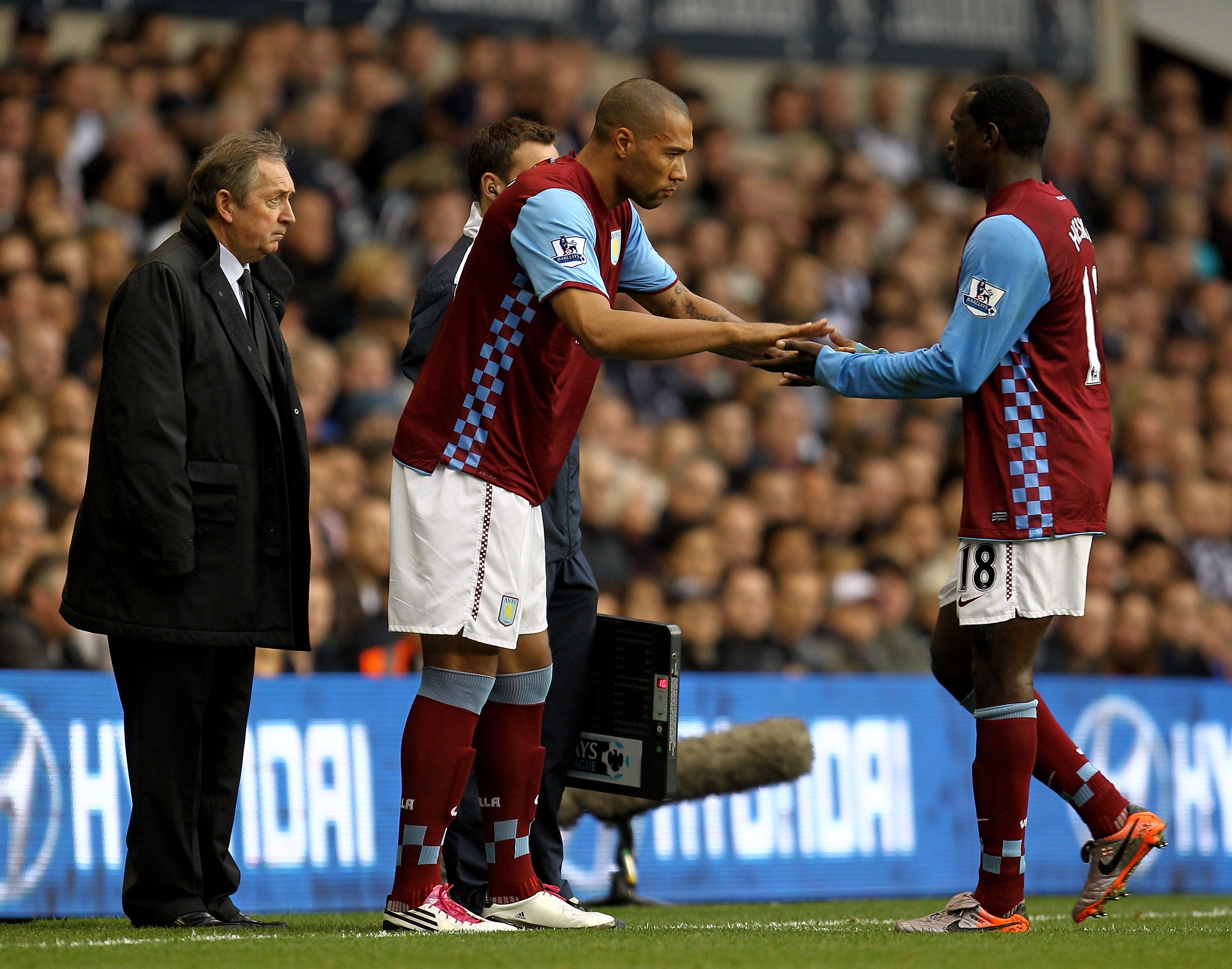 LONDON, ENGLAND - OCTOBER 02:  John Carew of Aston Villa comes on for Emile Heskey of Aston Villa during the Barclays Premier League match between Tottenham Hotspur and Aston Villa at White Hart Lane on October 2, 2010 in London, England.  (Photo by Paul 