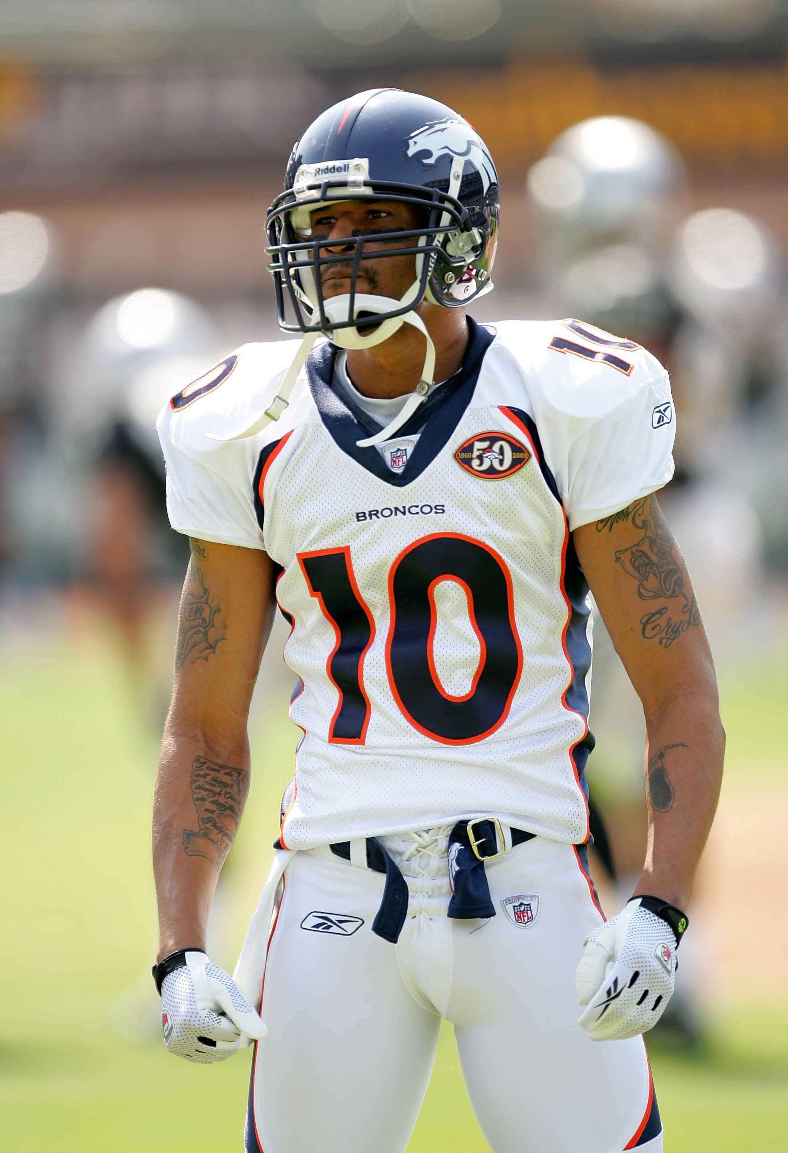 OAKLAND, CA - SEPTEMBER 27: Jabar Gaffney #10 of the Denver Broncos warms up before their game against the Oakland Raiders at the Oakland-Alameda County Coliseum on September 27, 2009 in Oakland, California. (Photo by Ezra Shaw/Getty Images) OAKLAND, CA - SEPTEMBER 27: Jabar Gaffney #10 of the Denver Broncos warms up before their game against the Oakland Raiders at the Oakland-Alameda County Coliseum on September 27, 2009 in Oakland, California. (Photo by Ezra Shaw/Getty Images)