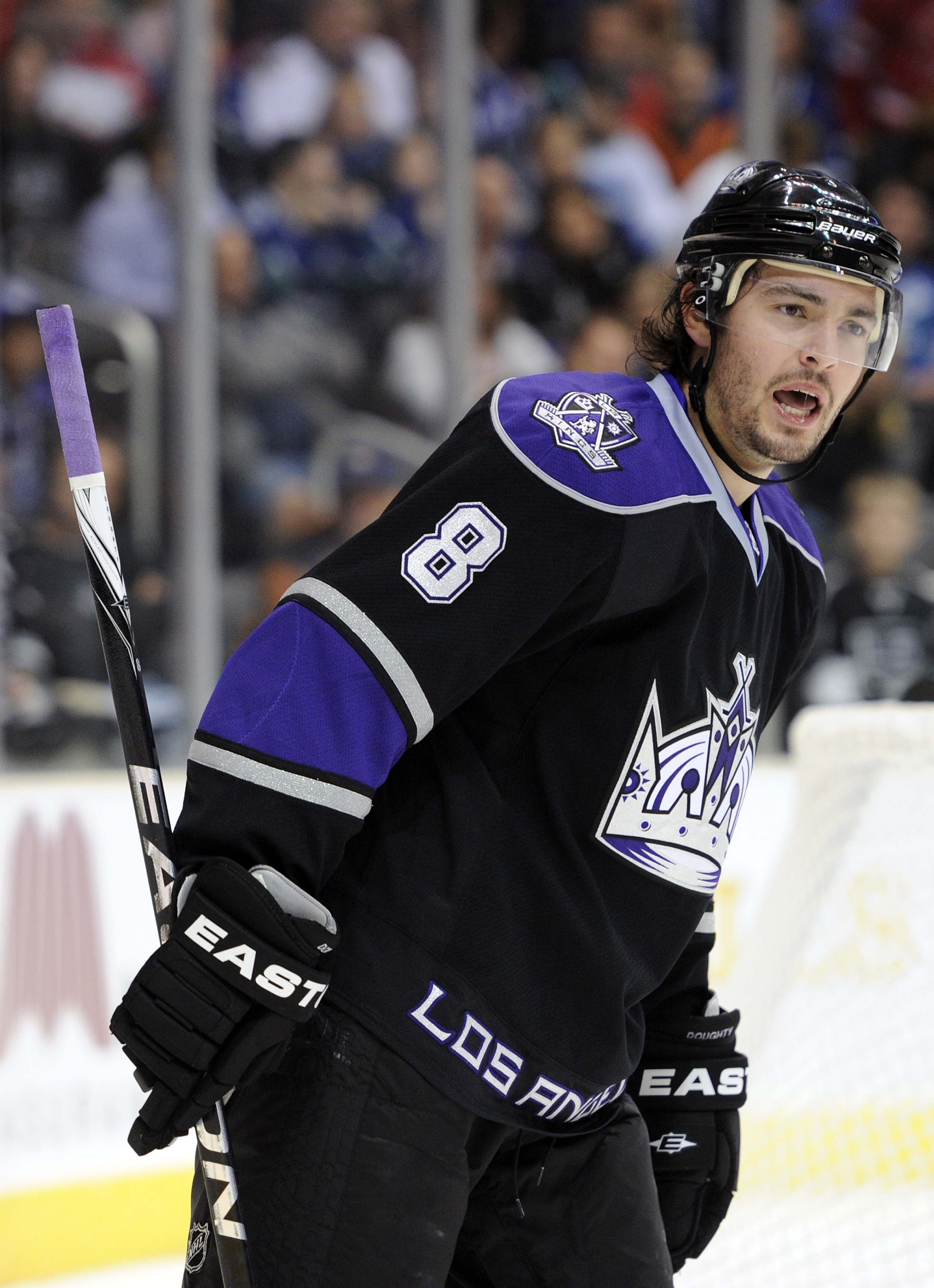 LOS ANGELES, CA - OCTOBER 15:  Drew Doughty #8 of the Los Angeles Kings reacts to his penalty during the game against the Vancouver Canucks at the Staples Center on October 15, 2010 in Los Angeles, California.  (Photo by Harry How/Getty Images)