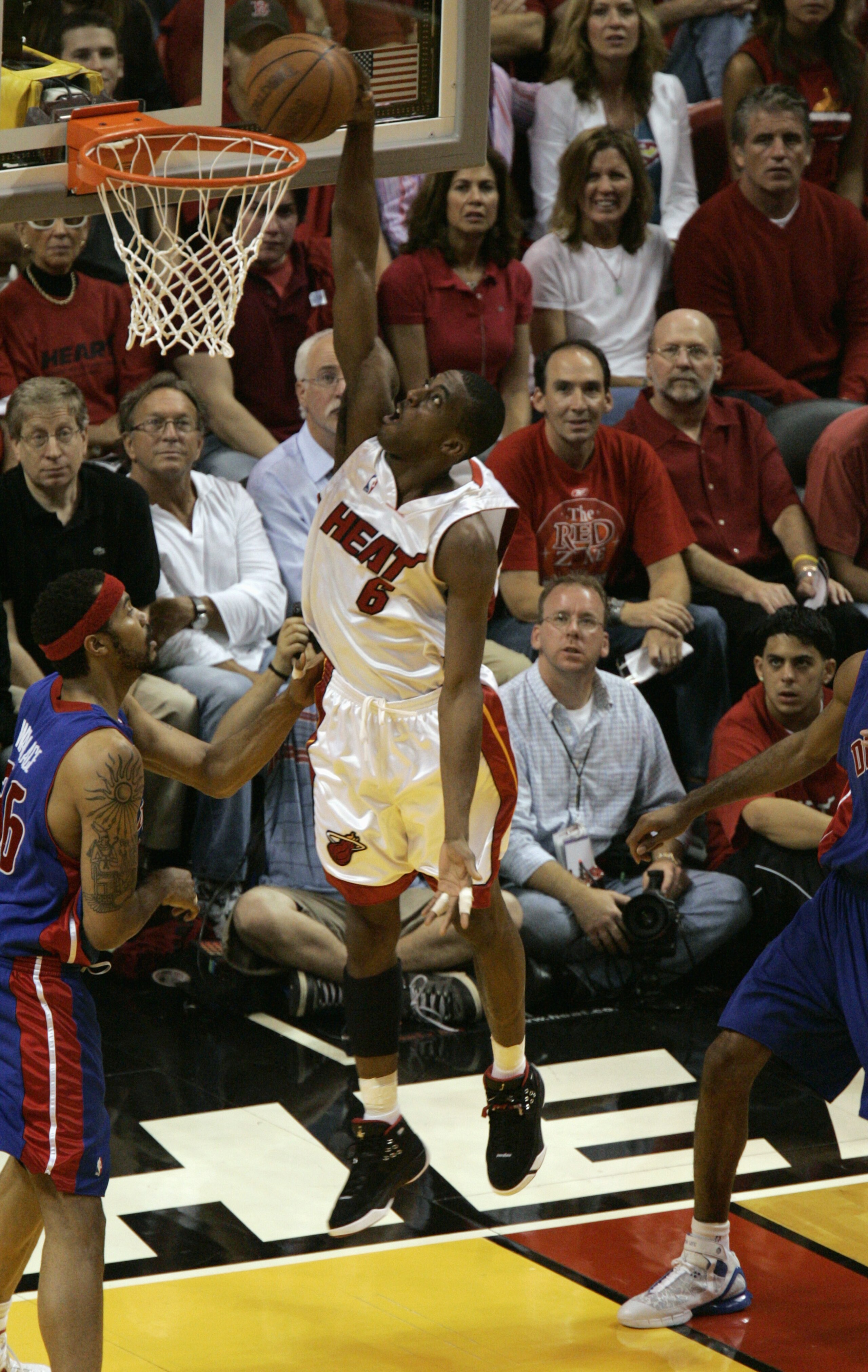 MIAMI - MAY 23:  Eddie Jones #6 of the Miami Heat goes for a dunk against the Detroit Pistons in Game One of the Eastern Conference Finals during the 2005 NBA Playoffs at the American Airlines Arena on May 23, 2005 in Miami, Florida.  The Pistons won 90-8