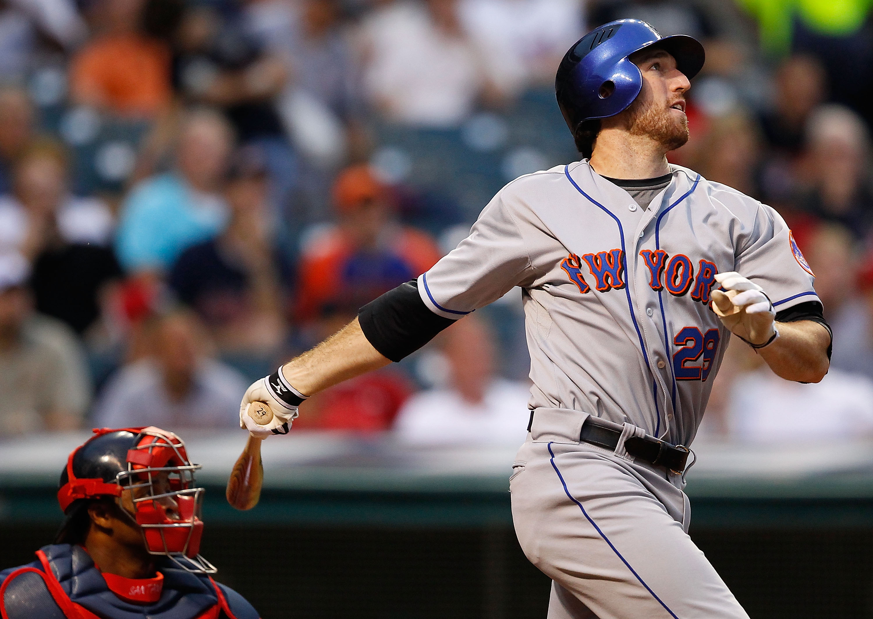 CLEVELAND - JUNE 15:  Ike Davis #29 of the New York Mets watches his ball after hitting a two run home run against the Cleveland Indians during the game on June 15, 2010 at Progressive Field in Cleveland, Ohio.  (Photo by Jared Wickerham/Getty Images)