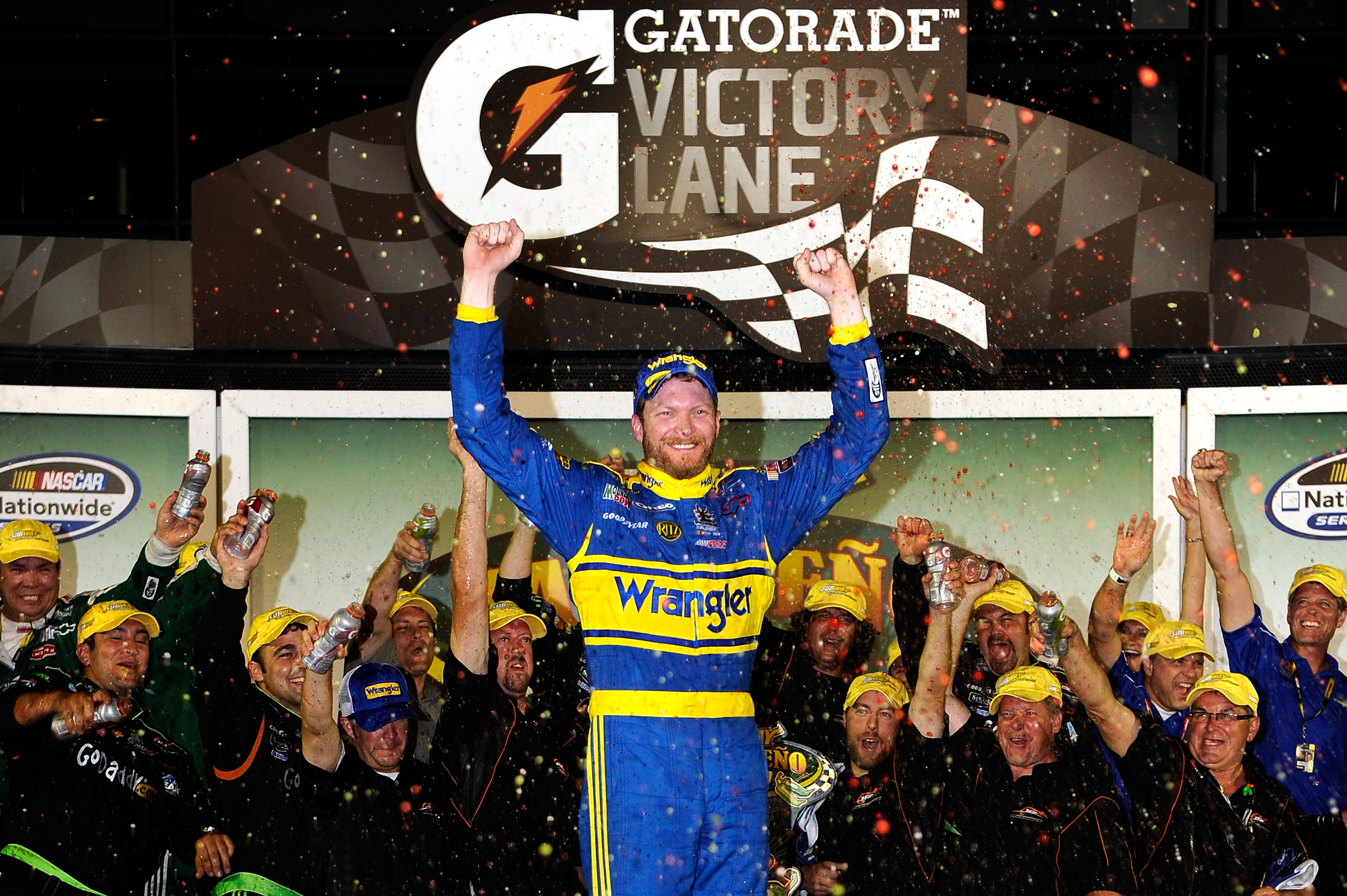 DAYTONA BEACH, FL - JULY 02:  Dale Earnhardt Jr., driver of the #3 Wrangler Chevrolet, celebrates in victory lane after winning the NASCAR Nationwide Series Subway Jalapeno 250 at Daytona International Speedway on July 2, 2010 in Daytona Beach, Florida.  