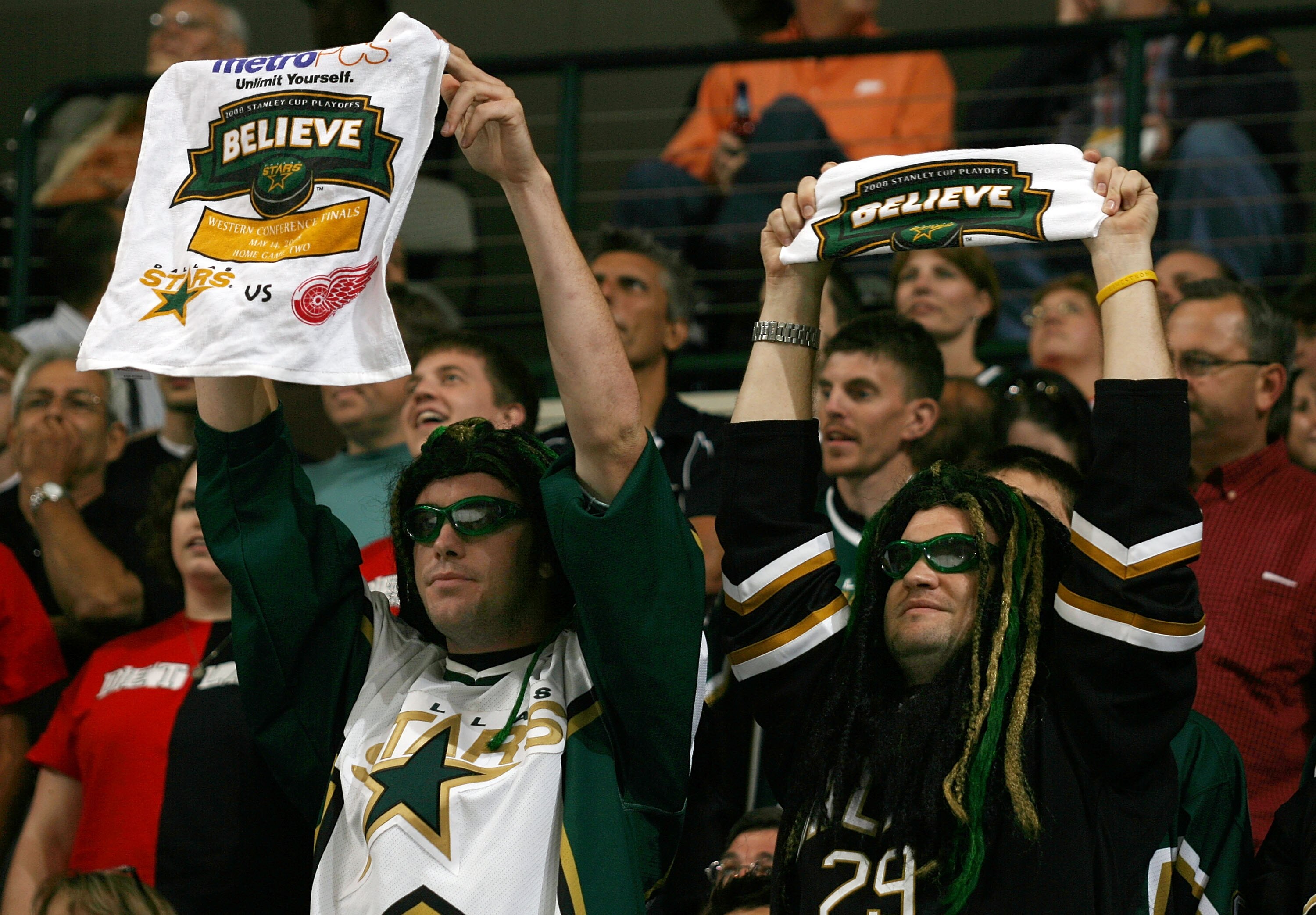 DALLAS - MAY 14:  Dallas Stars fans hold up 'Believe' towels against the Detroit Red Wings during game four of the Western Conference Finals of the 2008 NHL Stanley Cup Playoffs on May 14, 2008 at the American Airlines Center in Dallas, Texas.  (Photo by 