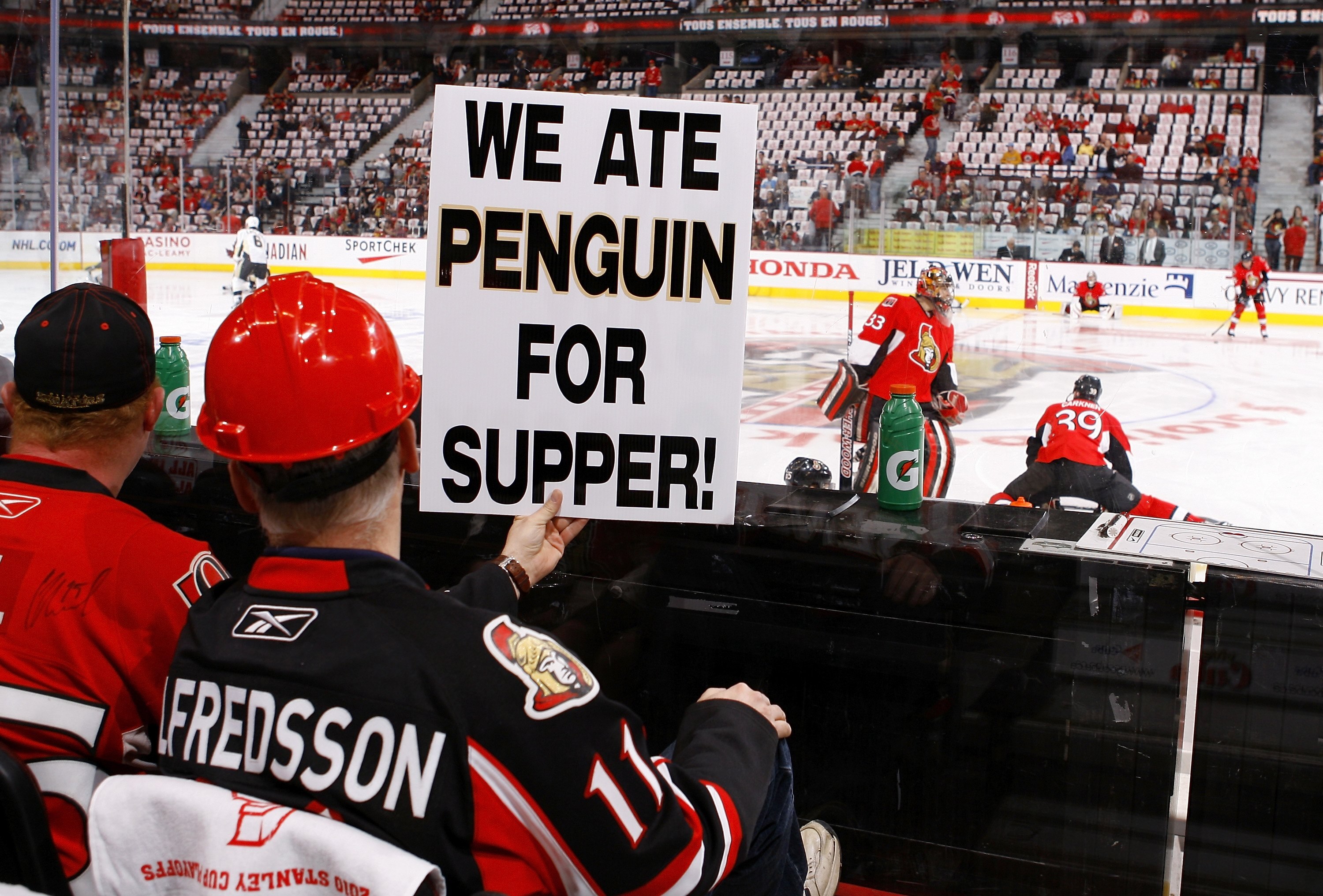 OTTAWA, ON - APRIL 24:  Ottawa Senators' fans show their support in Game 6 of the Eastern Conference Quaterfinals against the Pittsburgh Penguins during the 2010 Stanley Cup Playoffs at Scotiabank Place on April 24, 2010 in Ottawa, Canada.  (Photo by Phil